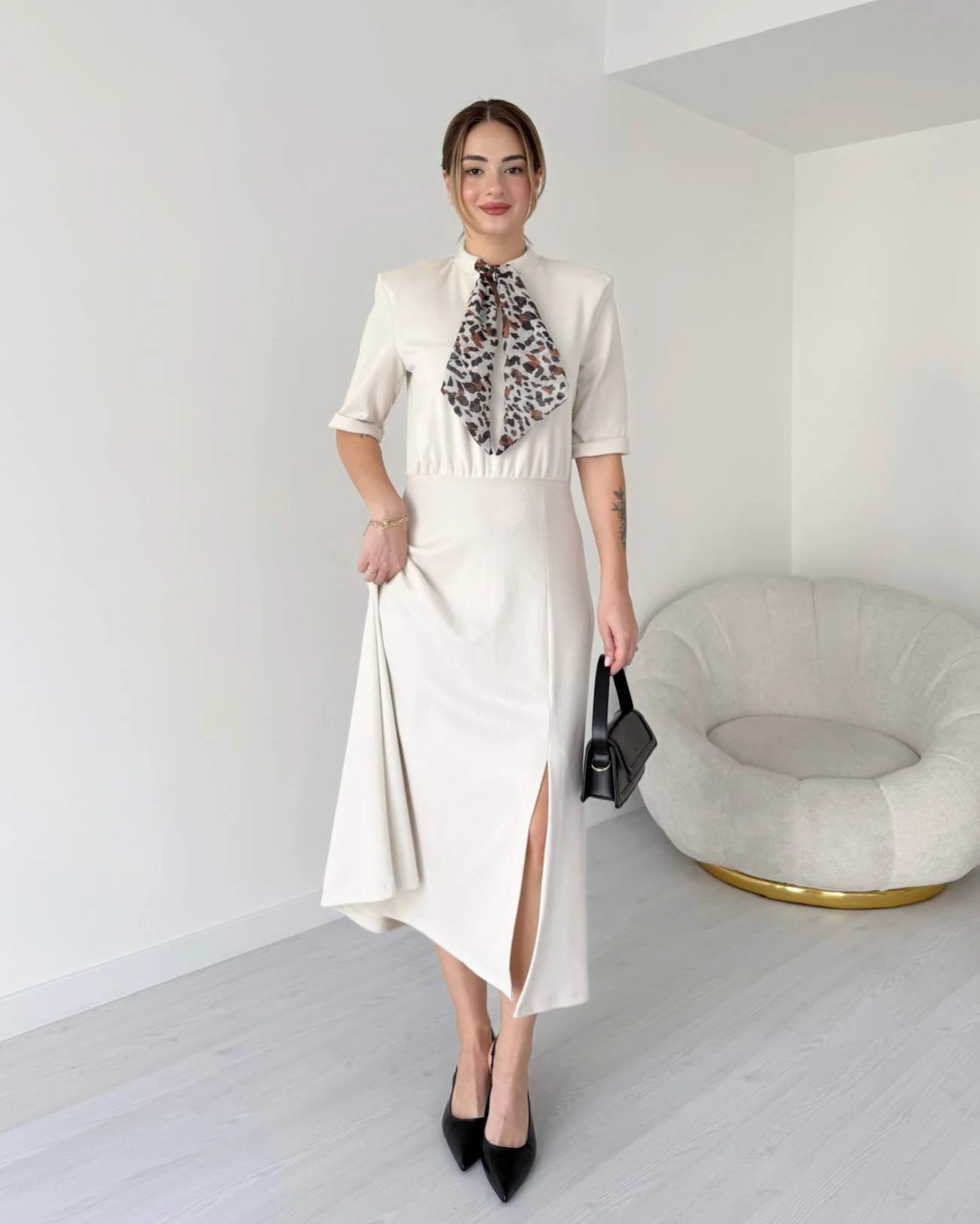 Fular Detaylı Midi Boy Elbise - Ekru