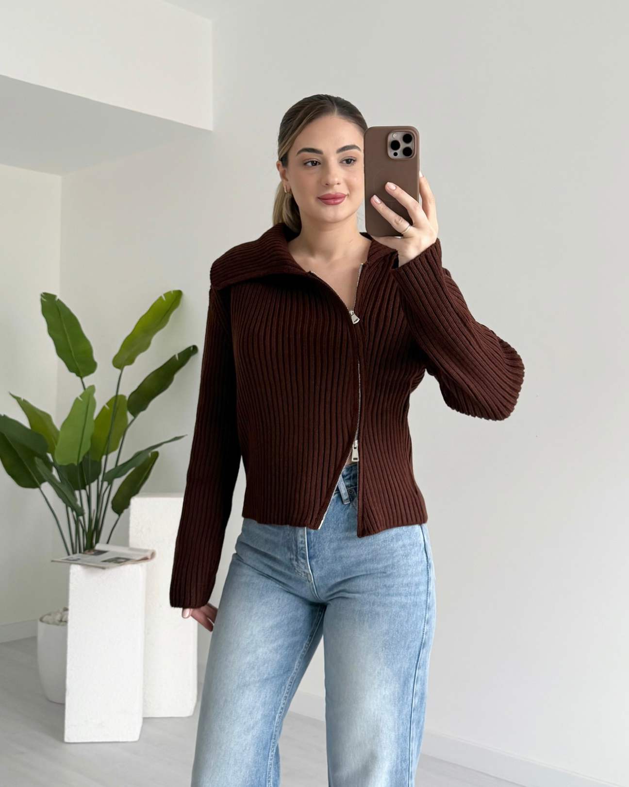 Şal Yaka Asimetrik Fermuarlı Kazak