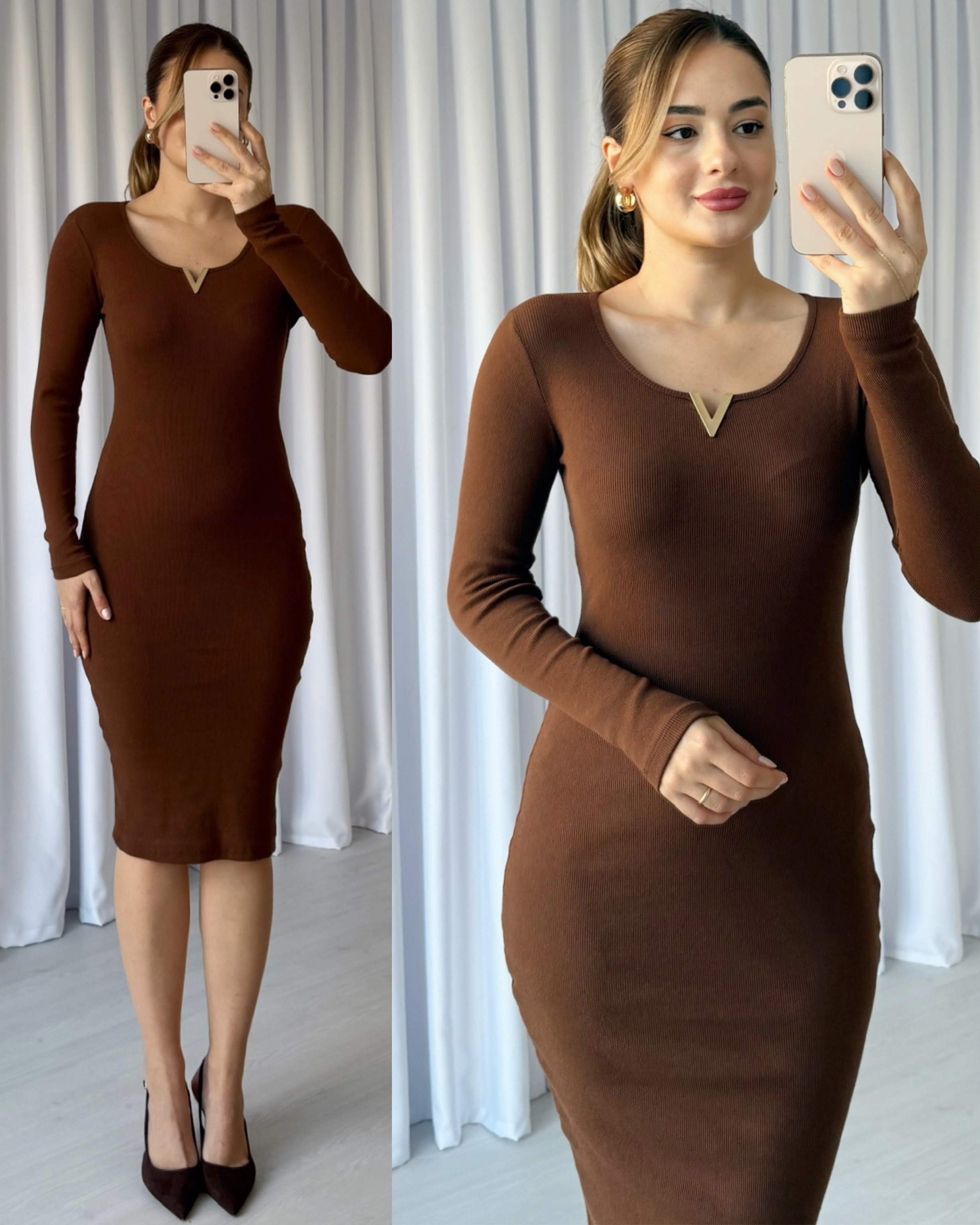 Yaka Detaylı Penye Elbise - Kahve