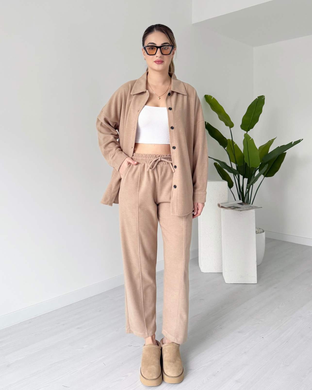 Kısa Paça Gömlekli Oversize Takım - Camel