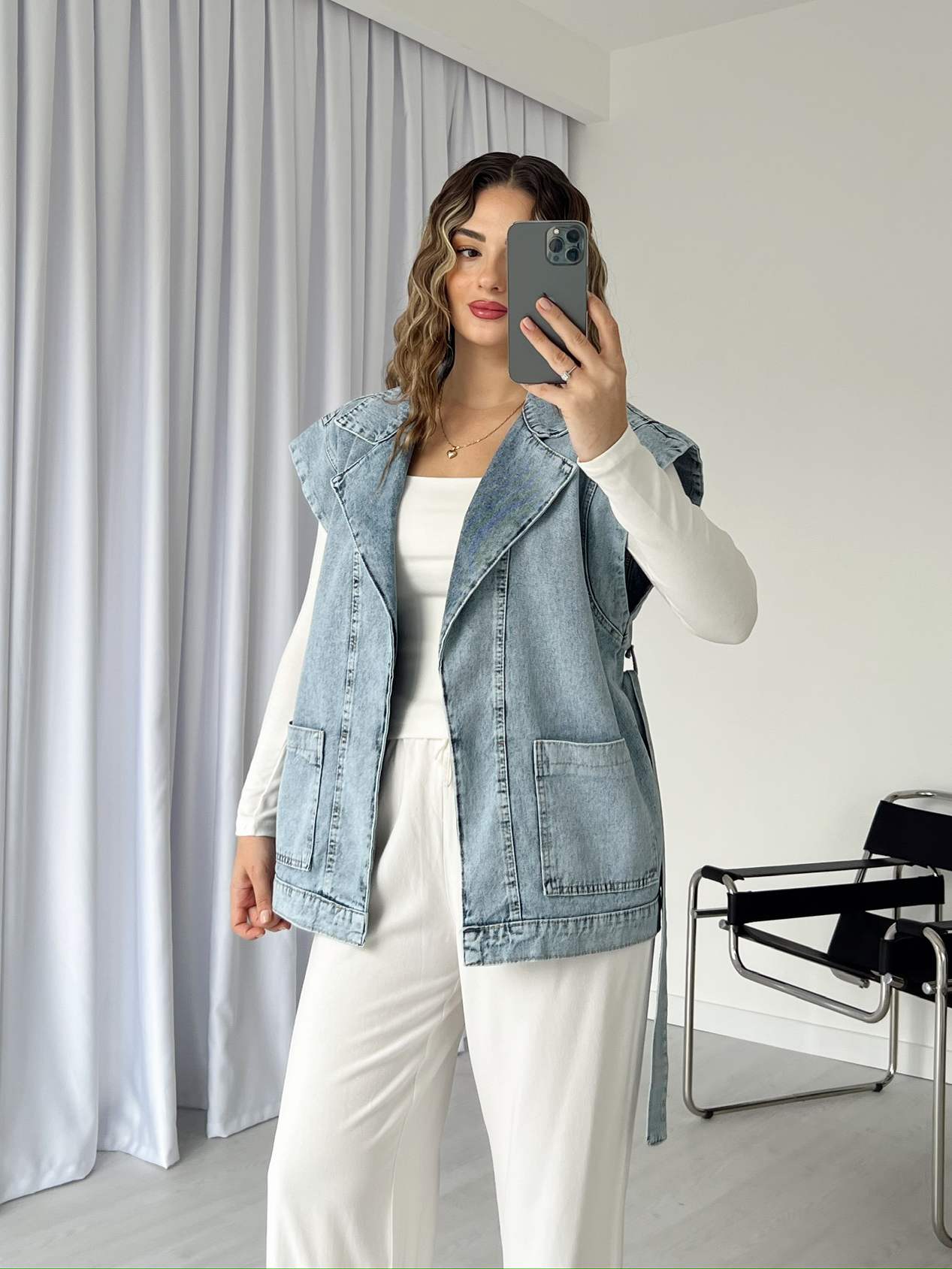 Kuşaklı Denim Yelek
