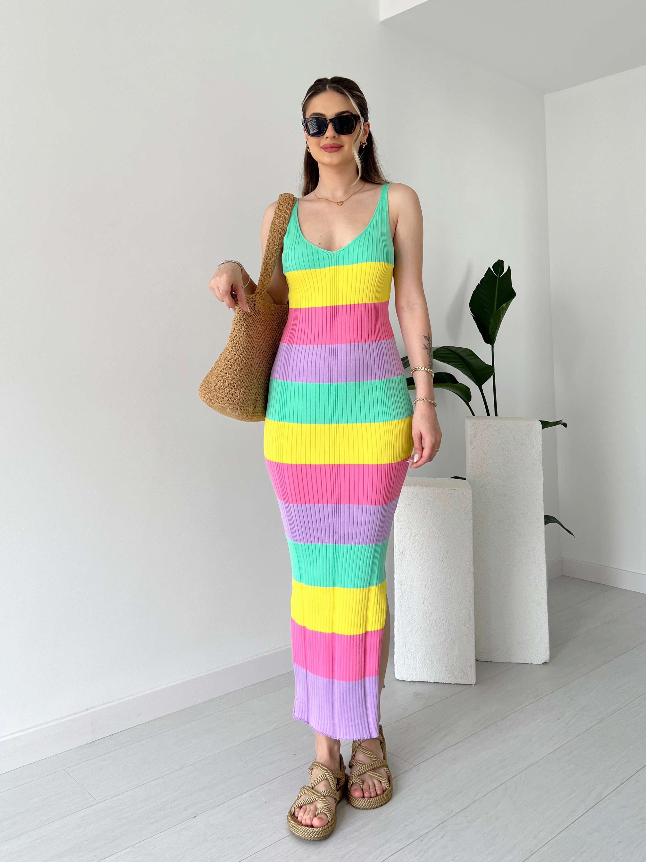 Renkli Triko Elbise - Çok Renkli