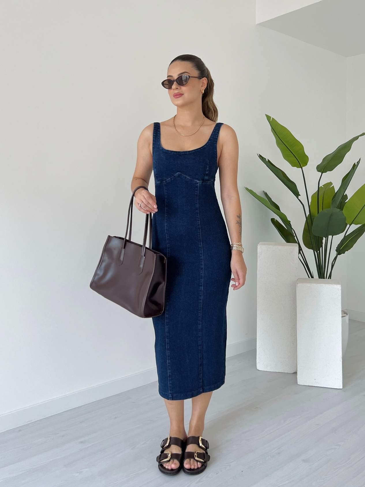 Askılı Denim Elbise - Koyu Mavi