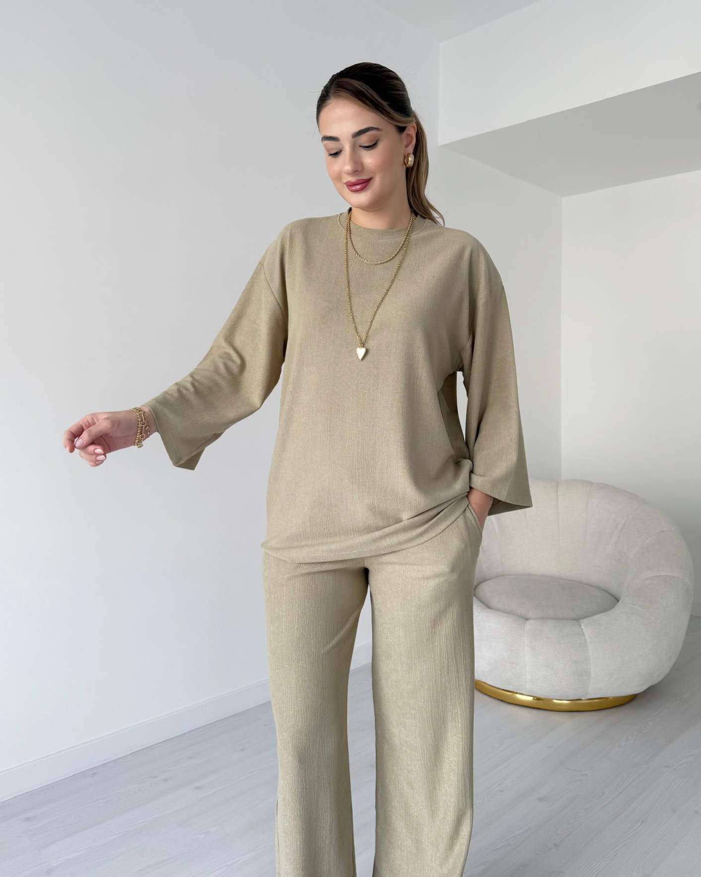 Rahat Kesim Gofre Kumaş İkili Takım - Açık Yeşil