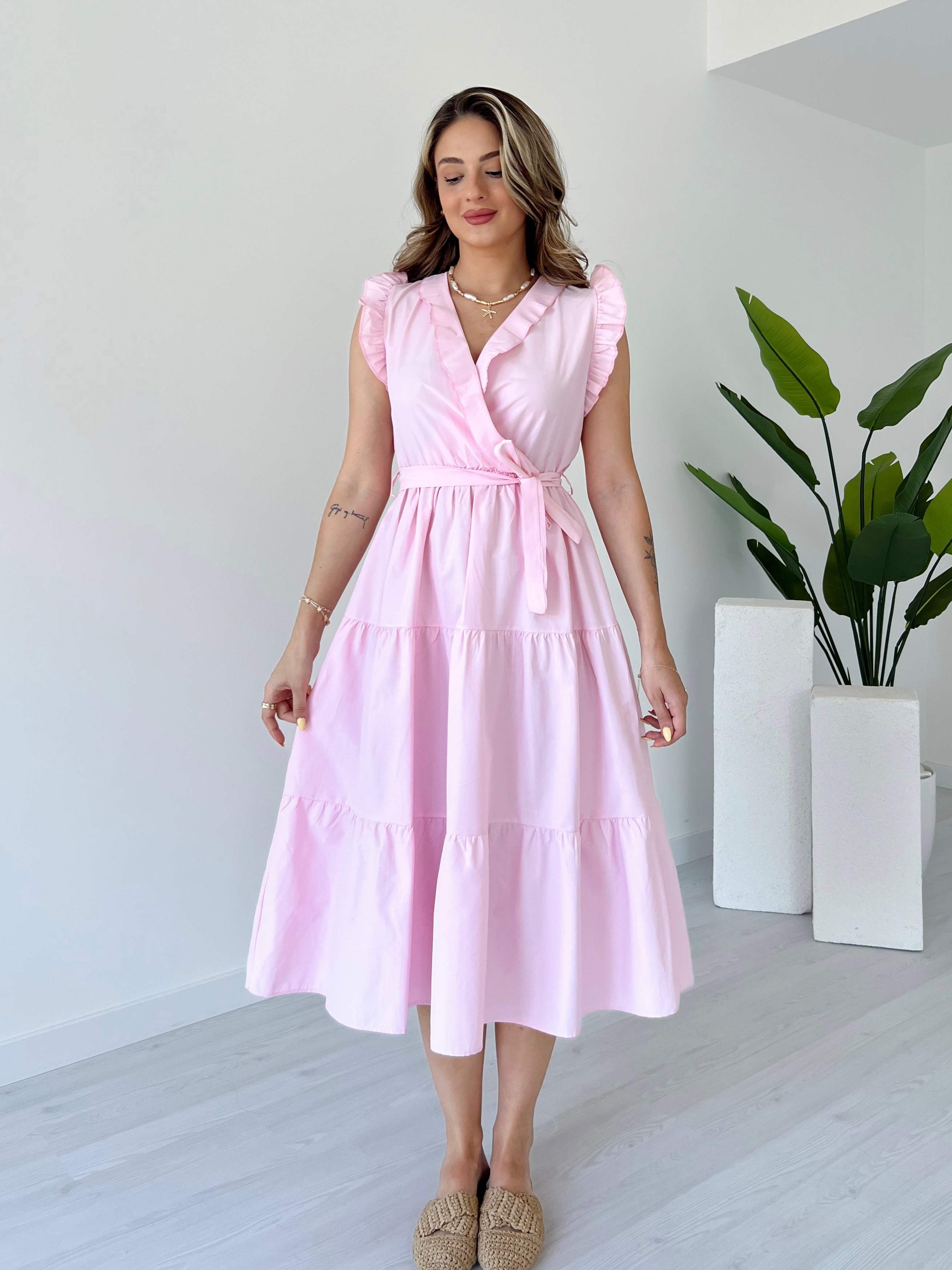 Yaka ve Kolları Fırfırlı Poplin Elbise - Açık Pembe