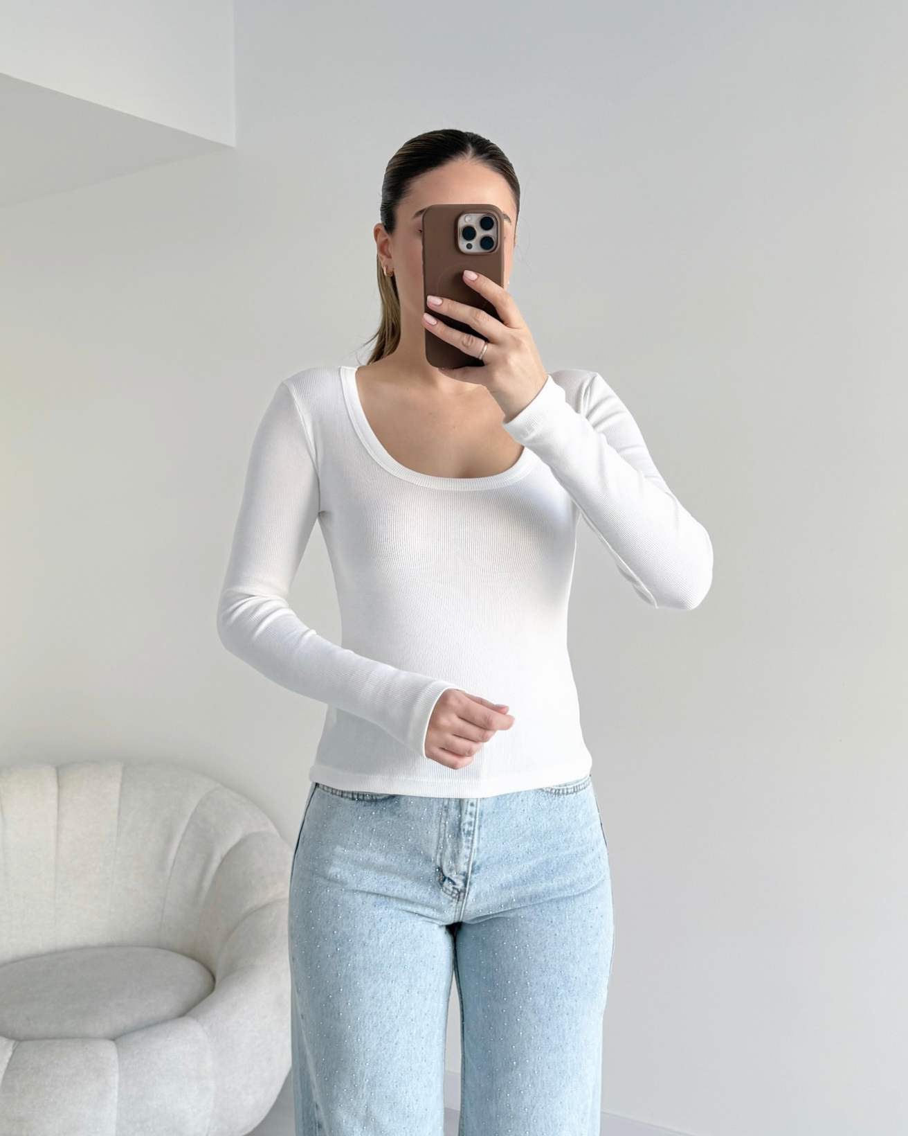 U Yaka Fitilli Bluz - Beyaz