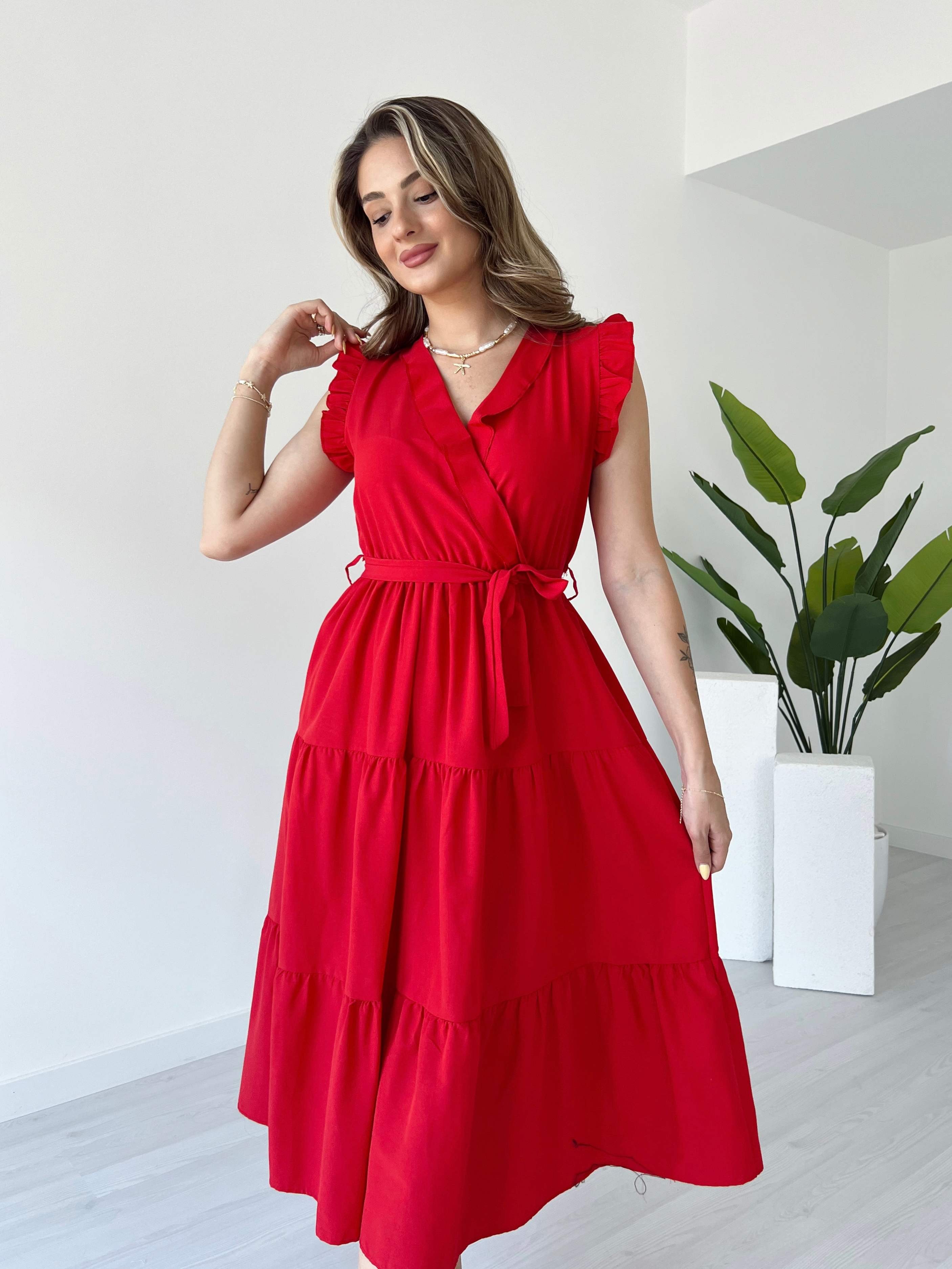 Yaka ve Kolları Fırfırlı Poplin Elbise - Kırmızı