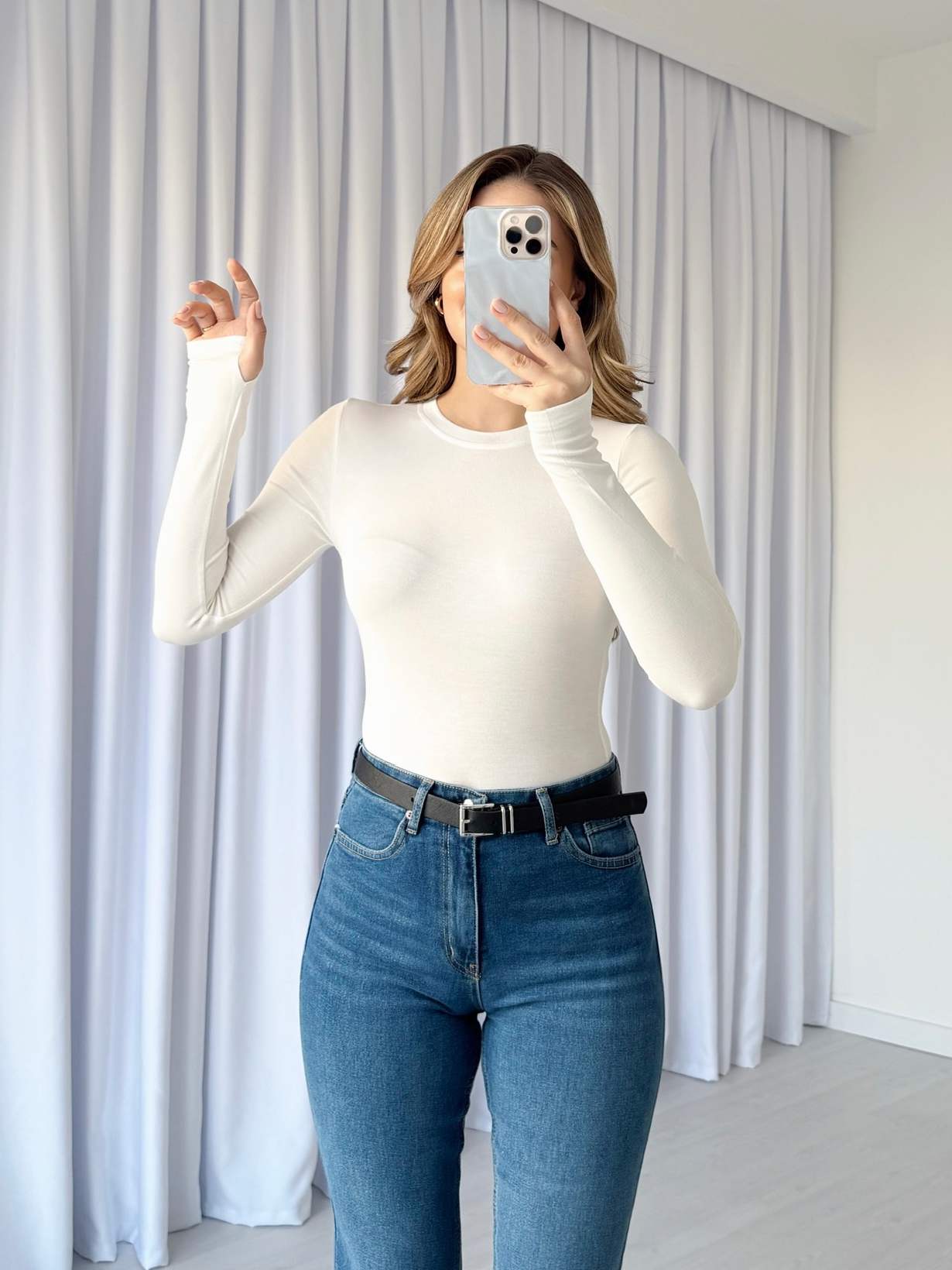 Parmak Geçirmeli Modal T-Shirt - Beyaz