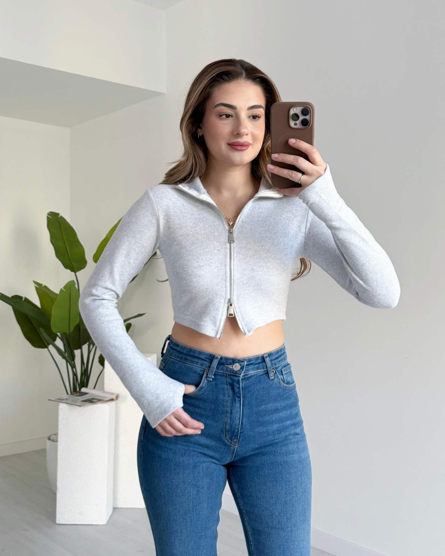 Çift Fermuarlı Parmak Geçirmeli Hırka - Gri