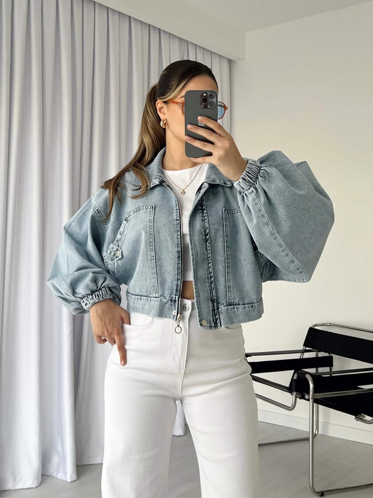 Balon Kol Crop Denim Mont
