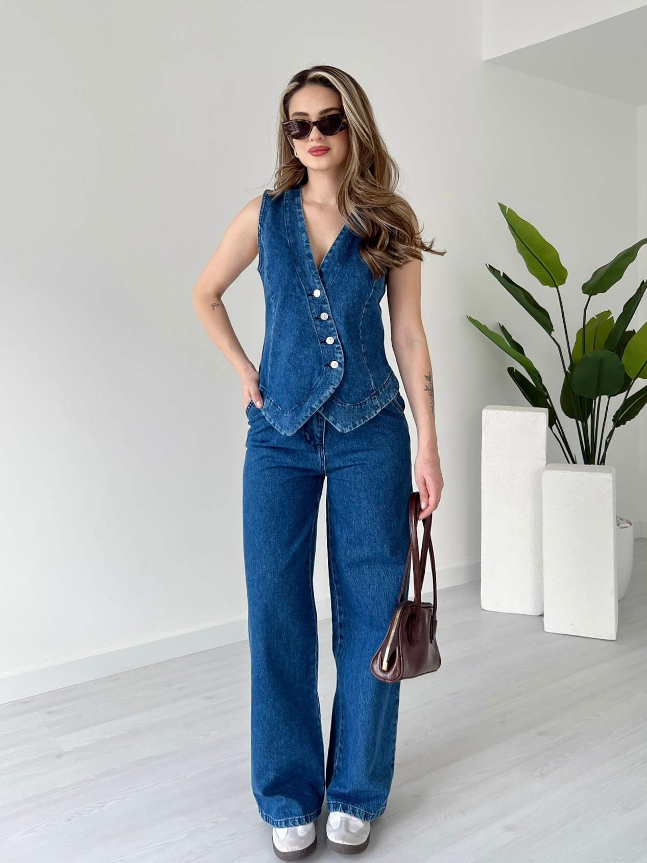 Asimetrik Yelekli Denim Takım - Mavi