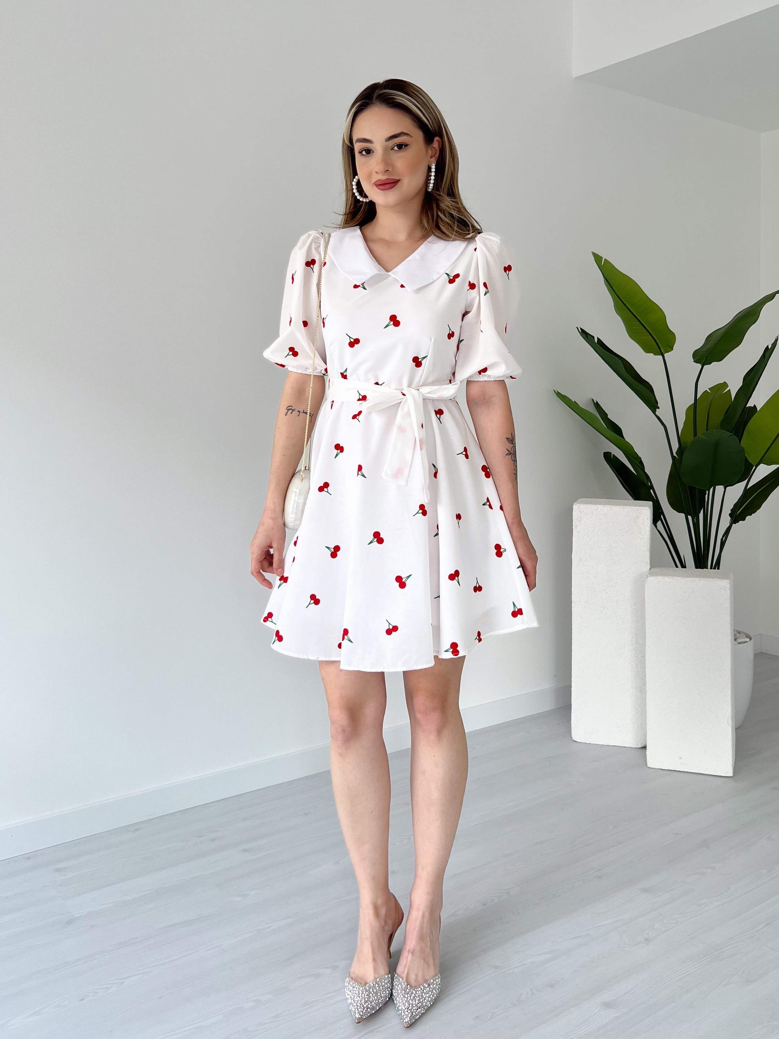 Bebe Yaka Desenli Poplin Elbise - Kiraz Desenli