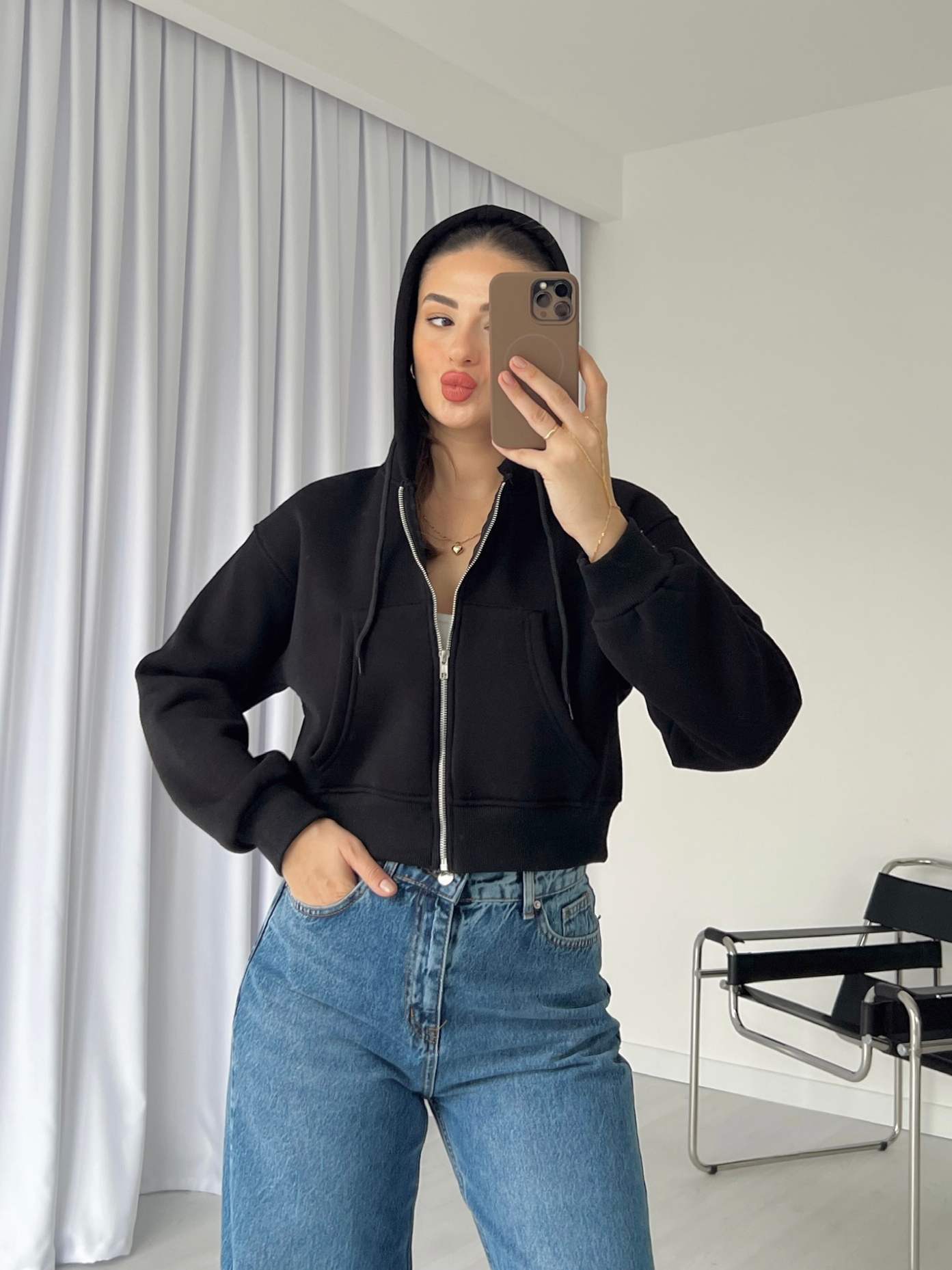 Fermuarlı Crop Basic Sweatshirt