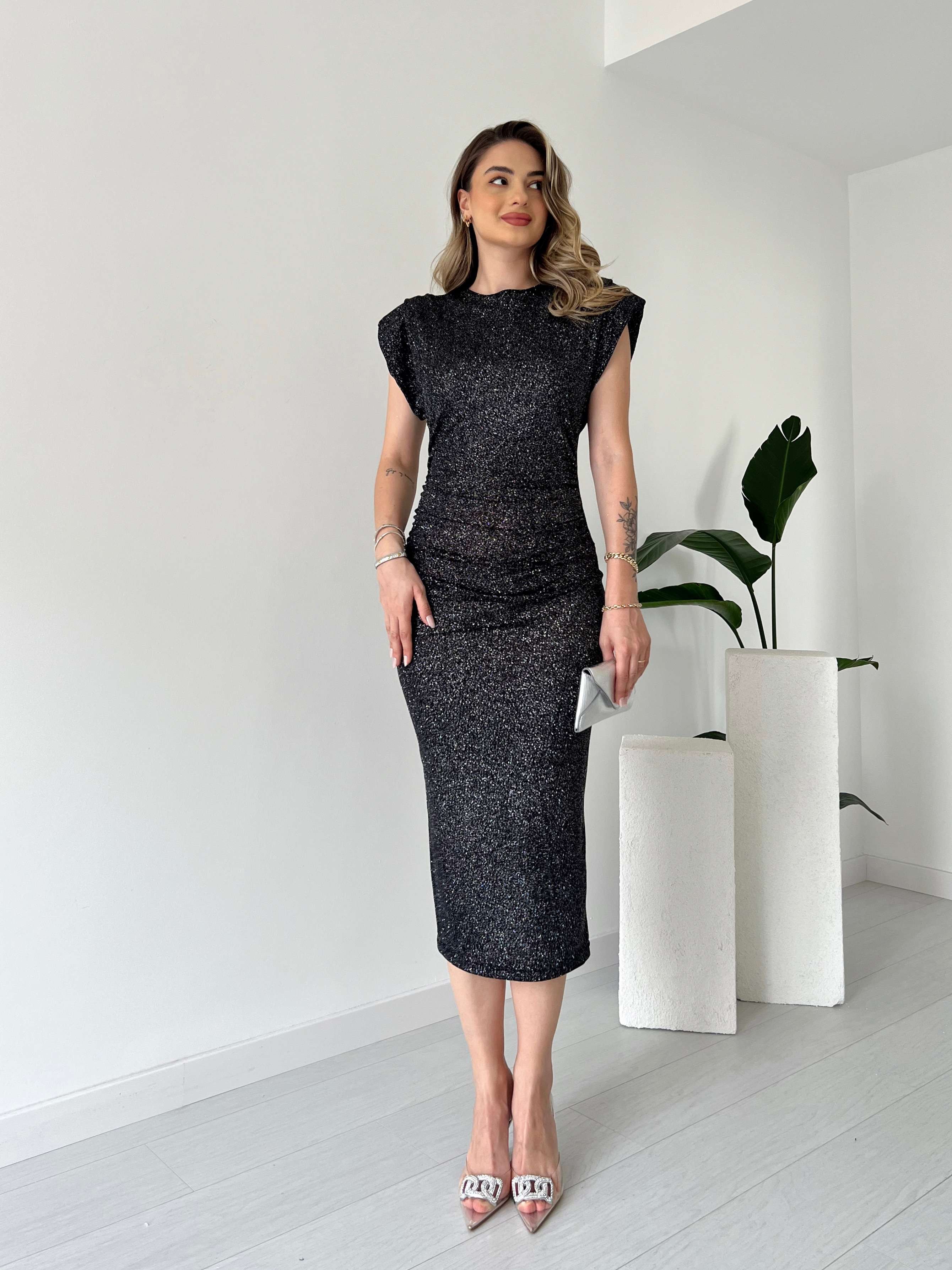 Omuz Vatkalı Parıltılı GARCIA Elbise - Siyah