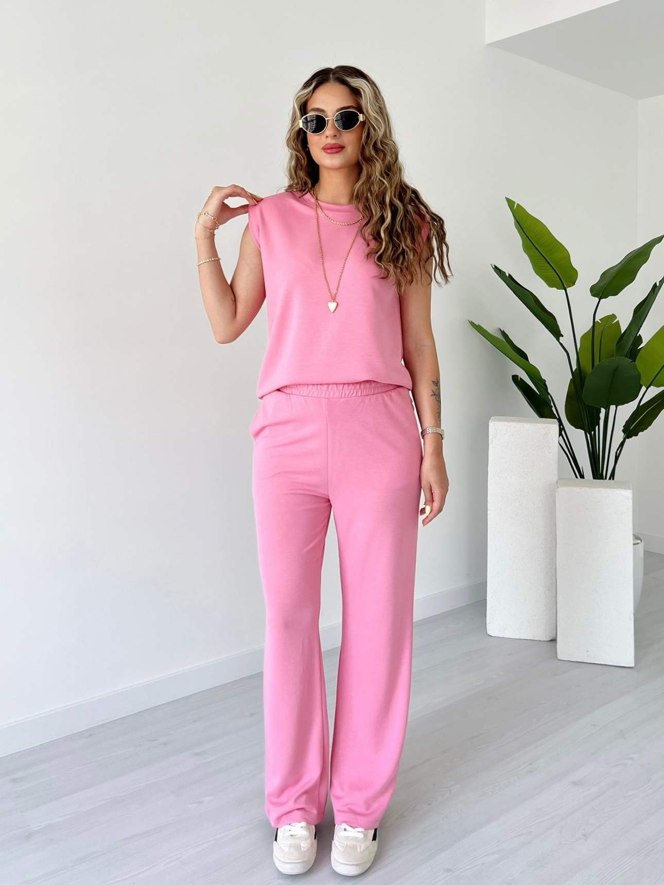 Omuzları Vatkalı Modal Kumaş İkili Takım - Pembe