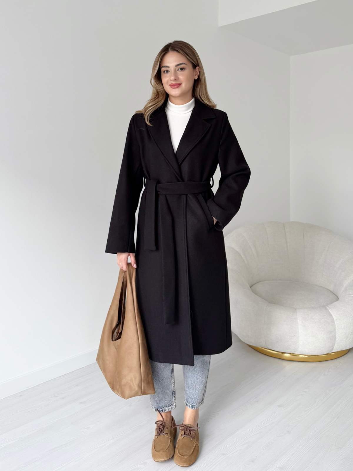 Kuşaklı Uzun Premium Kaşe Kaban