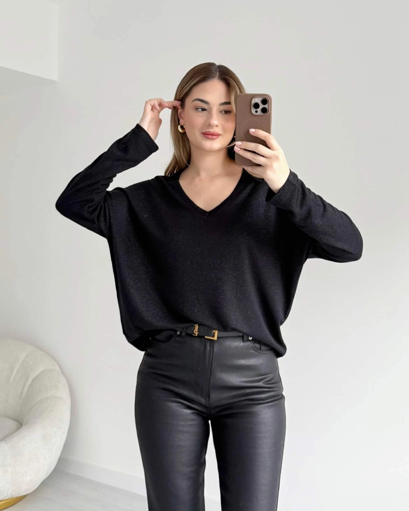 V Yaka Triko Bluz - Siyah