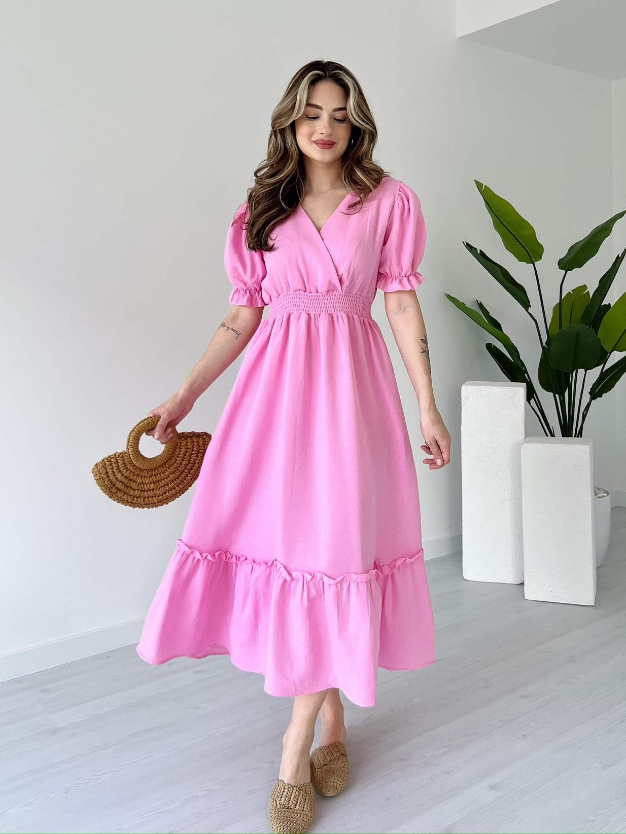 Bel Gipeli Karpuz Kol Müslin Elbise - Pembe