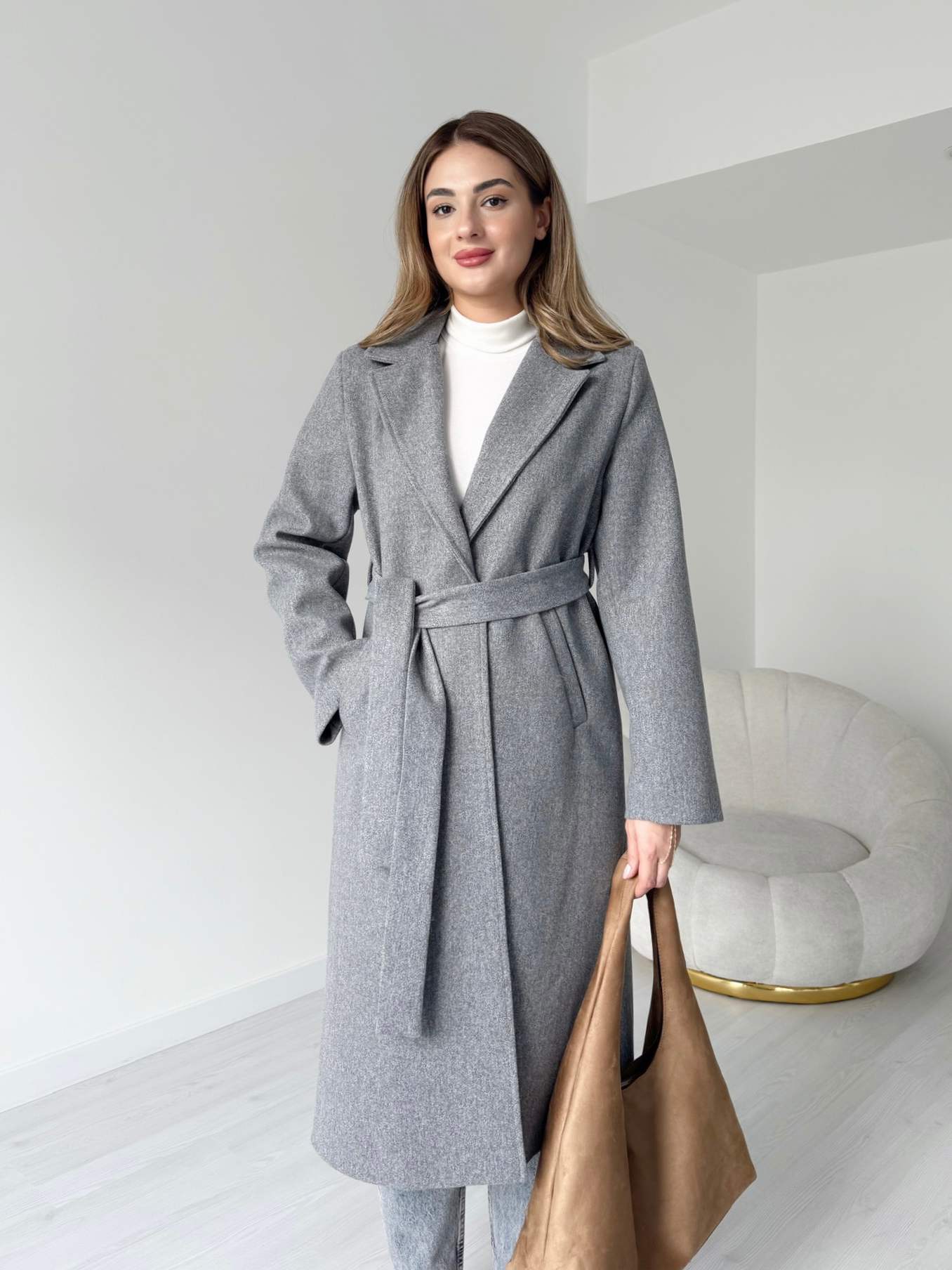 Kuşaklı Uzun Premium Kaşe Kaban