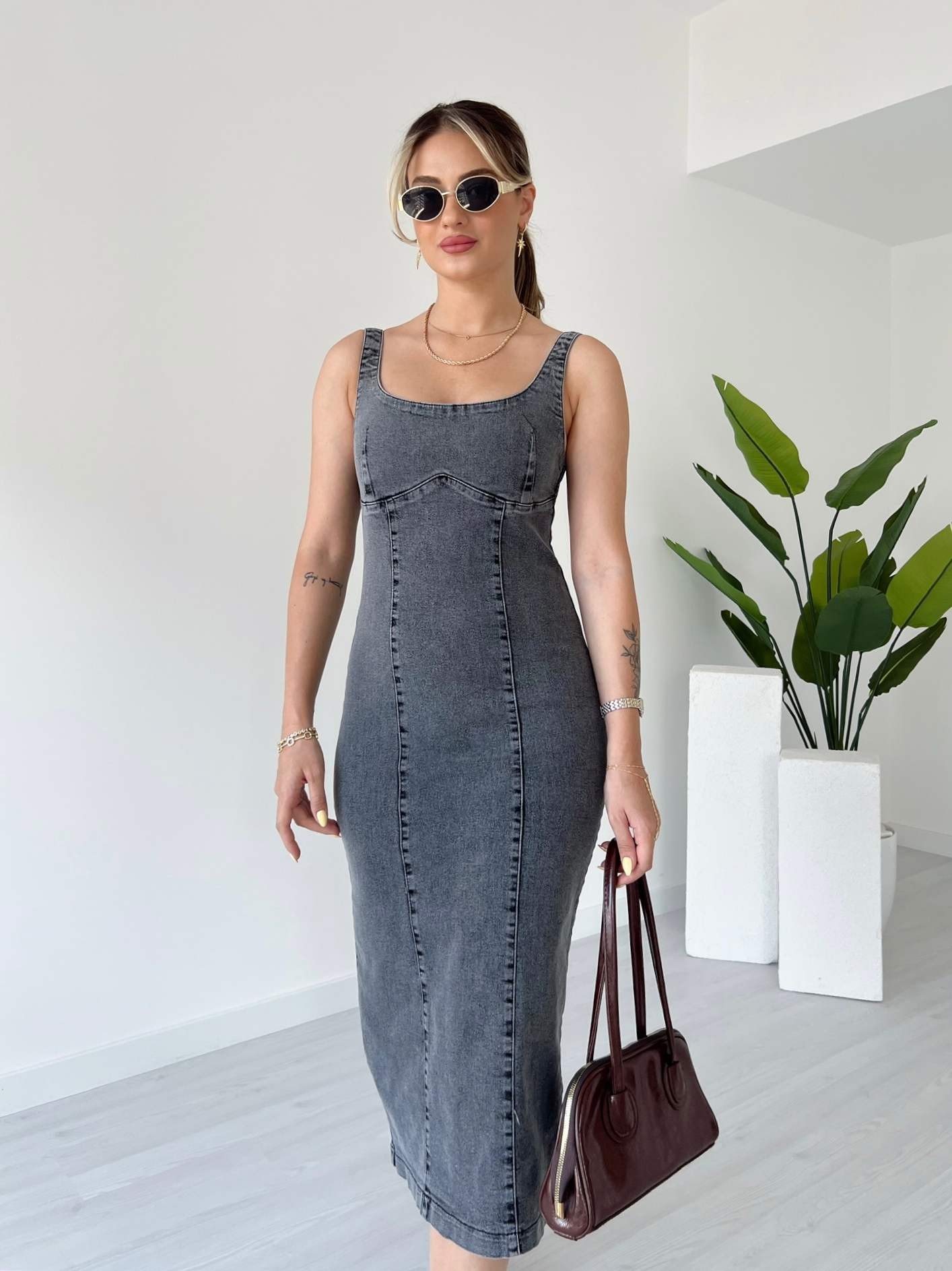 Likralı Sırt Fermuarlı Denim Elbise - Füme Eskitme Yıkama