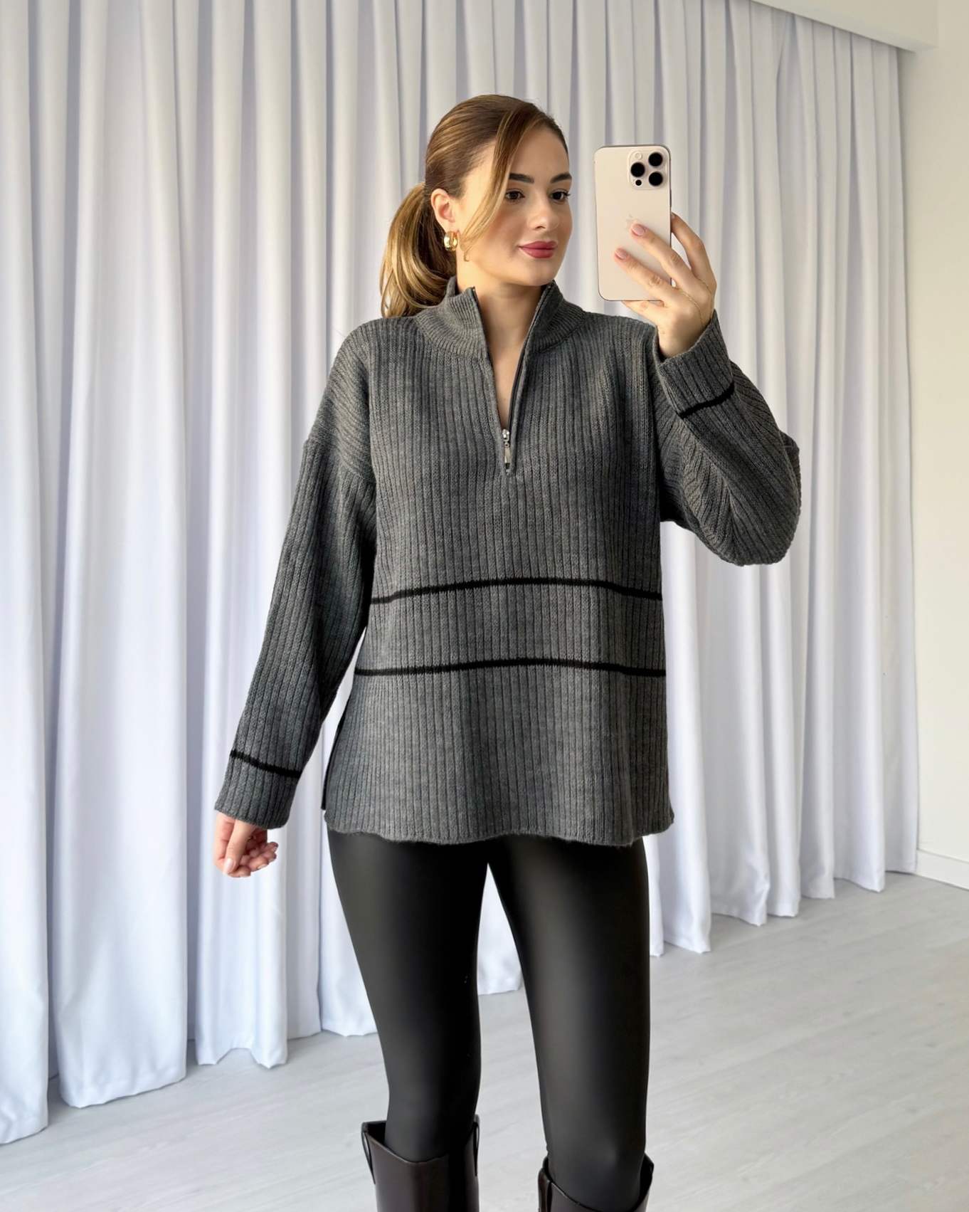 Yaka Fermuarlı Çizgili Kazak