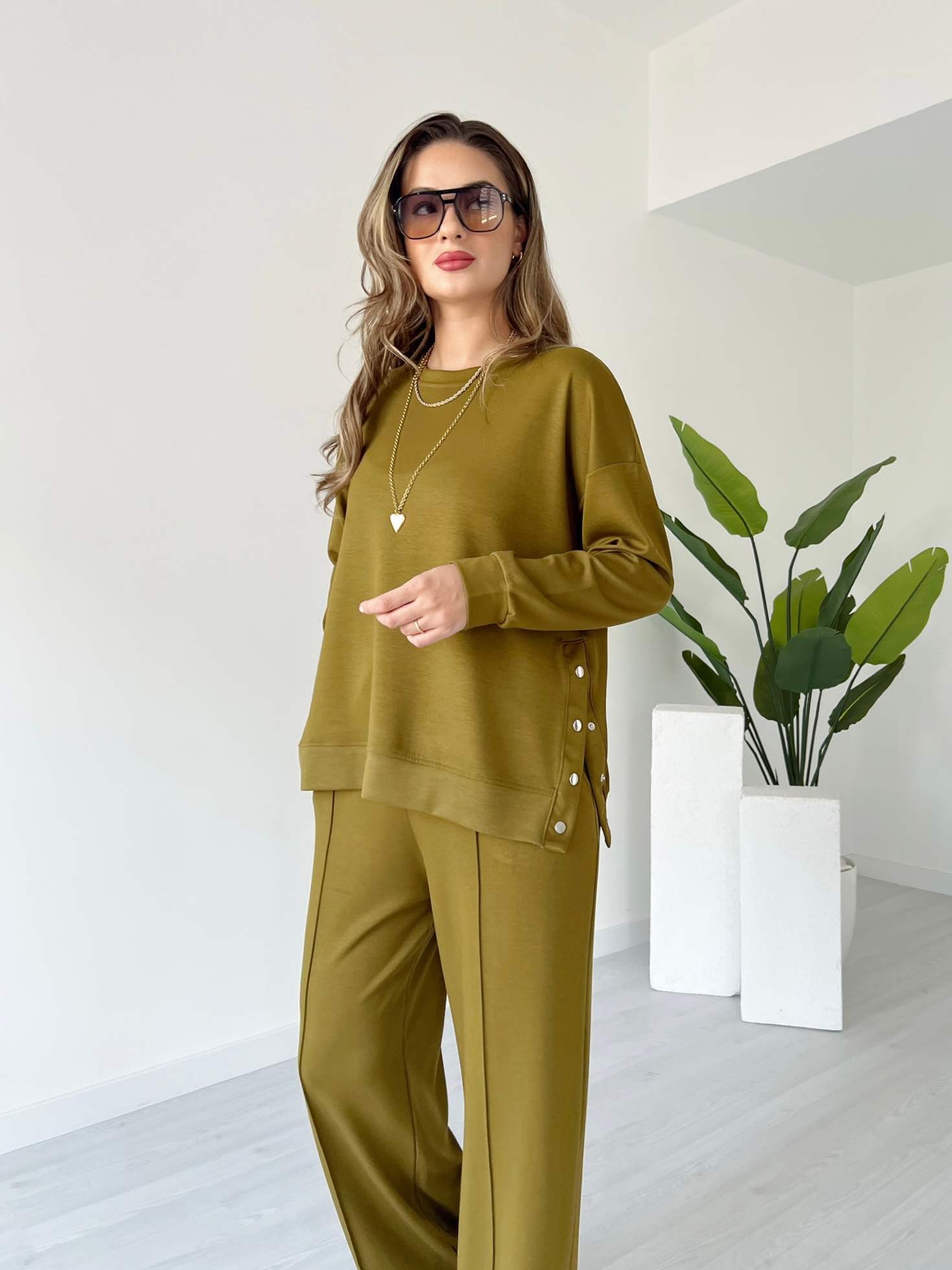 Modal Kumaş Çıtçıtlı Takım - Olive Yeşil