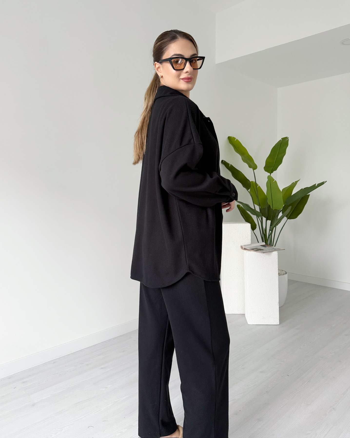 Kısa Paça Gömlekli Oversize Takım - Siyah