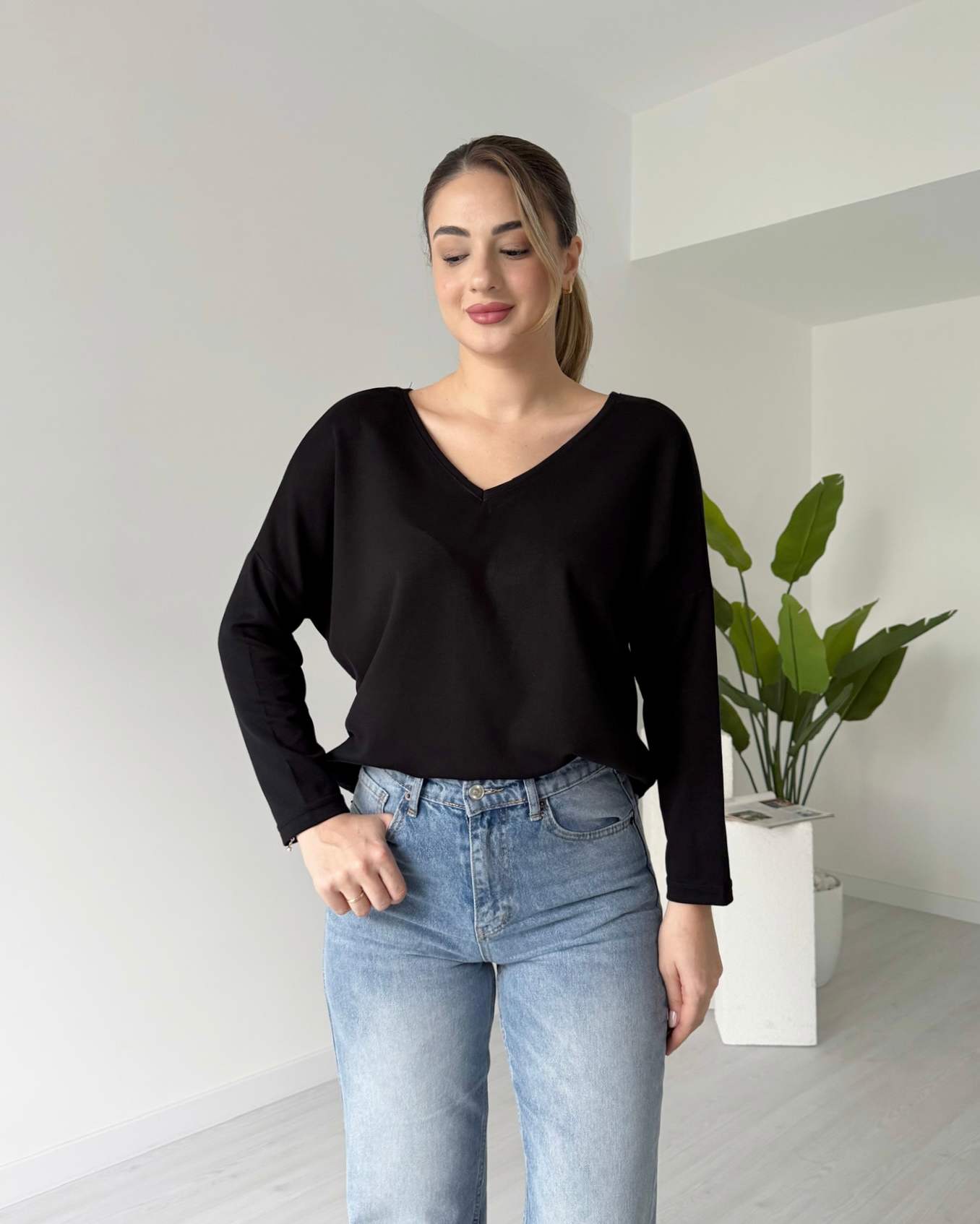 Ön Arka V Modal Bluz - Siyah