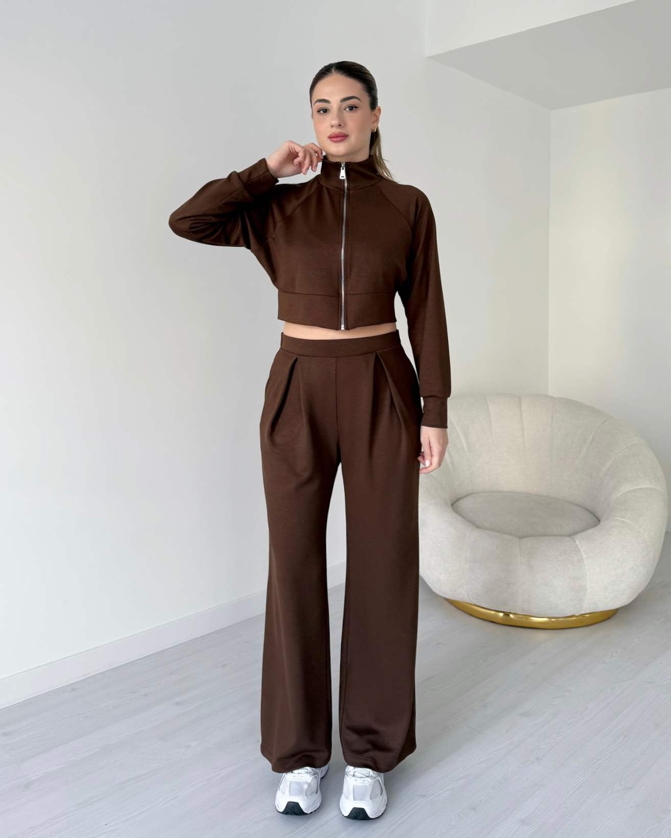 Pile Detaylı Modal Eşofman Takımı - Kahve