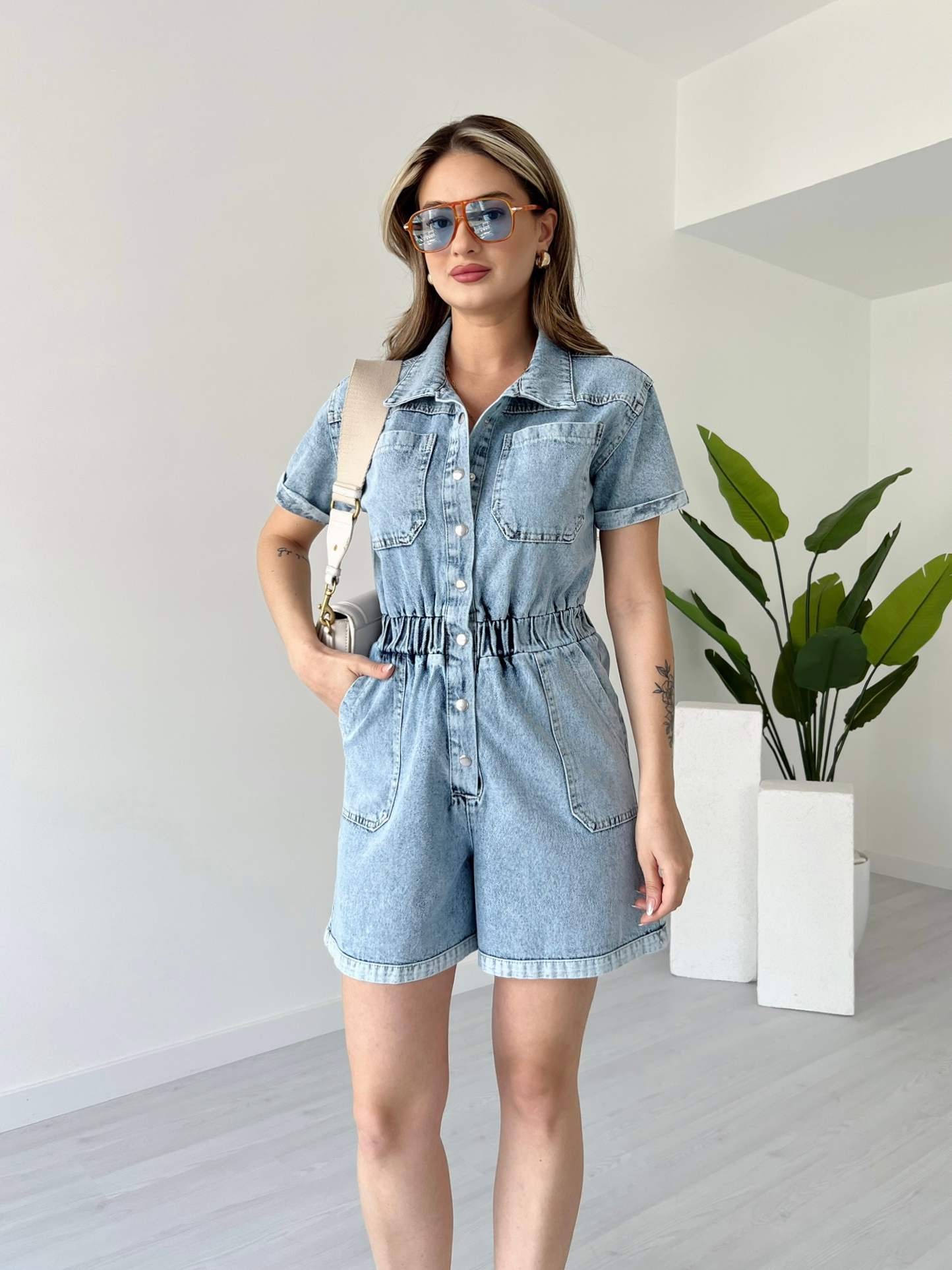 Beli Lastikli Denim Şort Tulum - Kar Yıkama