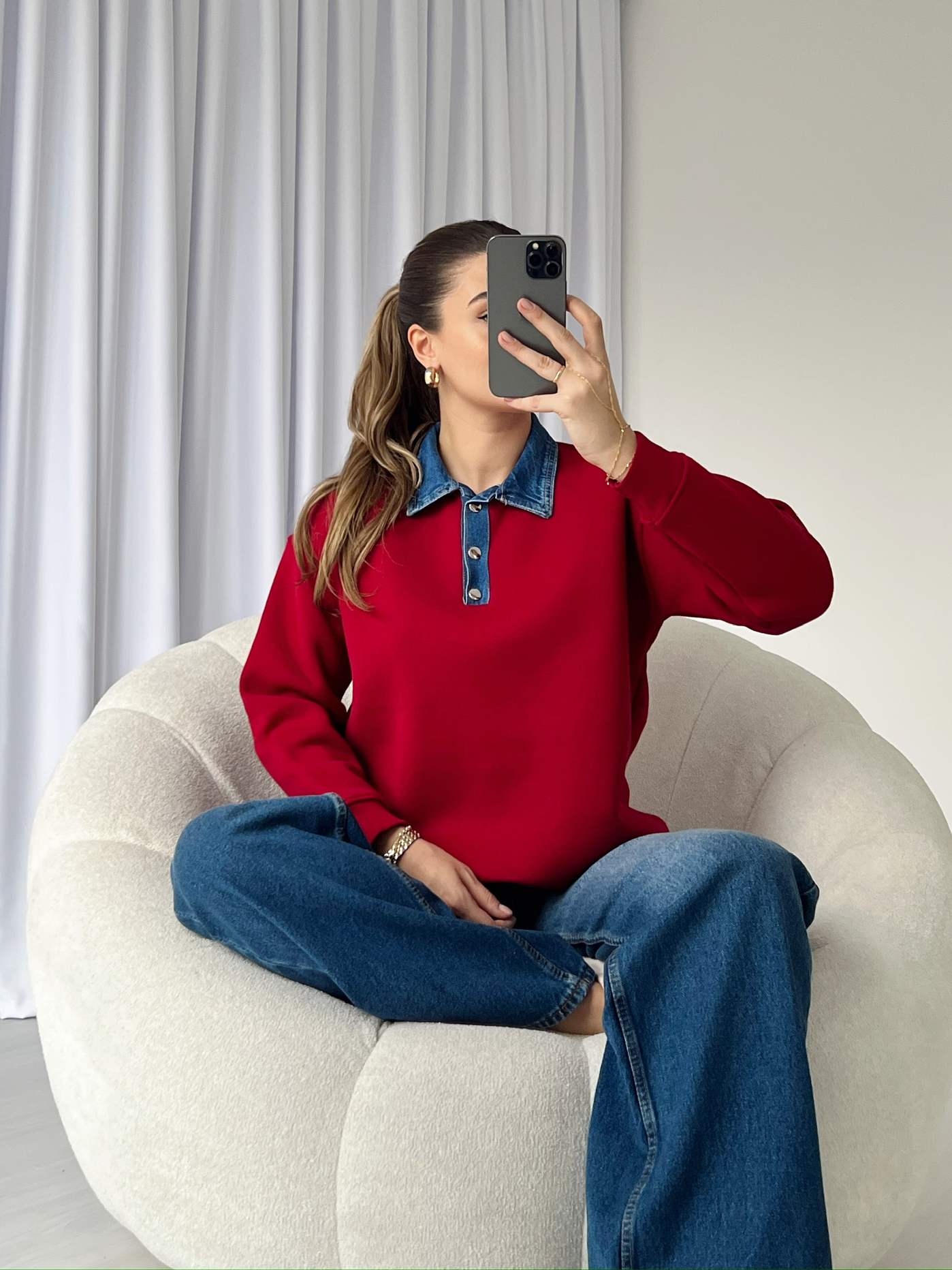 Denim Yakalı İçi Polar Sweatshirt