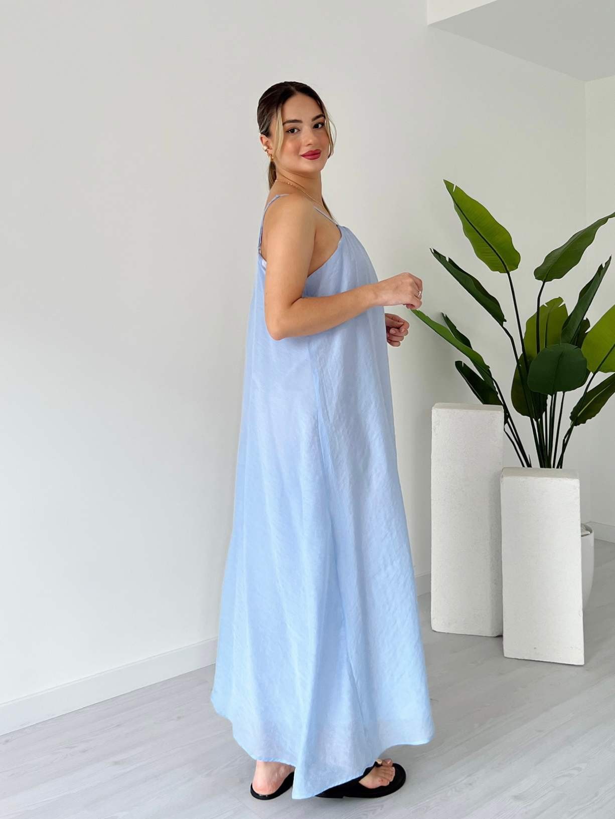 İp Askılı Astarlı Maxi Elbise - Bebe Mavi