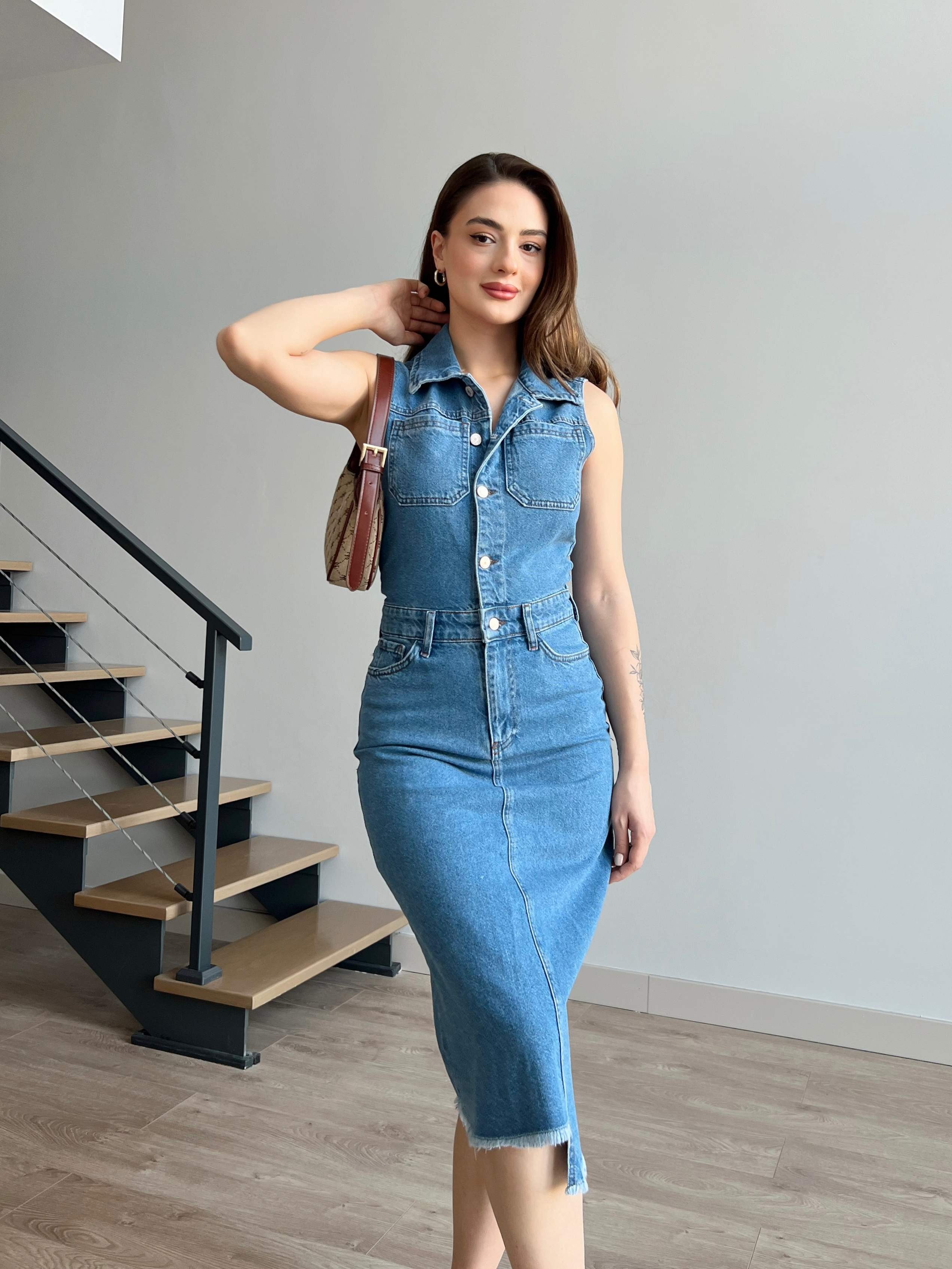 Eteği Püsküllü Denim Elbise - Açık Mavi