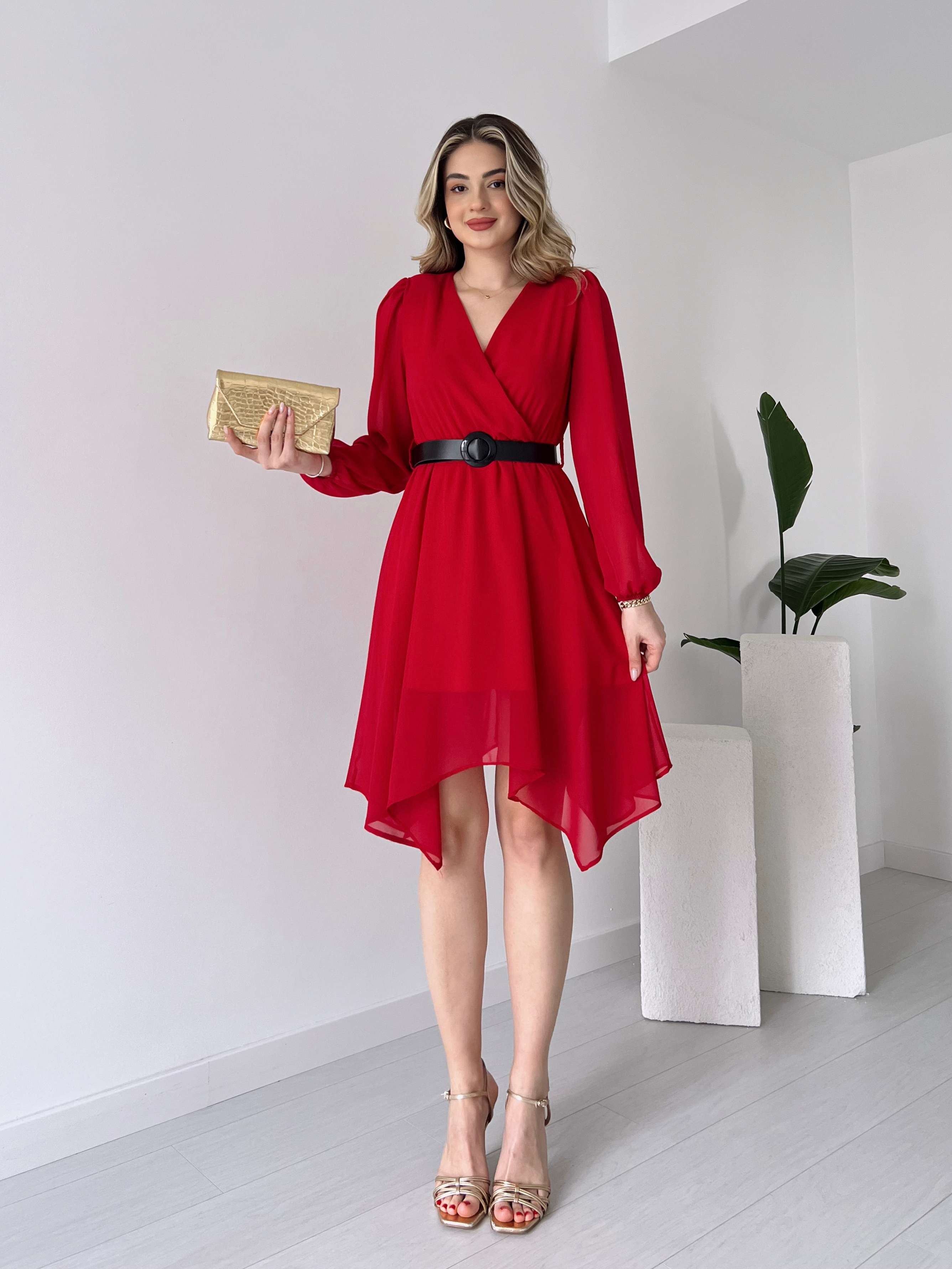 Kruvaze Yaka Kemerli FRANKLIN Elbise - Kırmızı