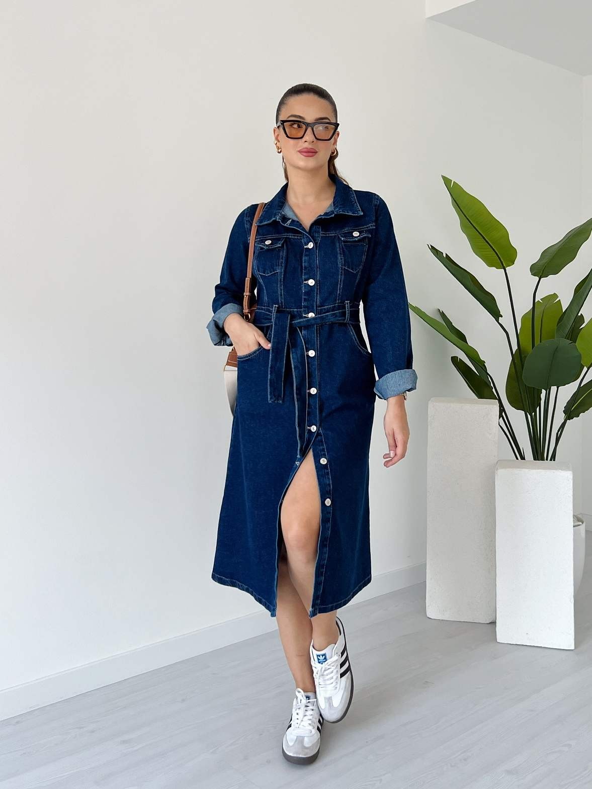 Uzun Kol Kuşaklı Denim Elbise