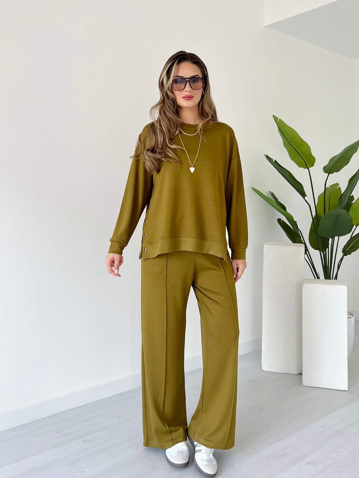 Modal Kumaş Çıtçıtlı Takım - Olive Yeşil