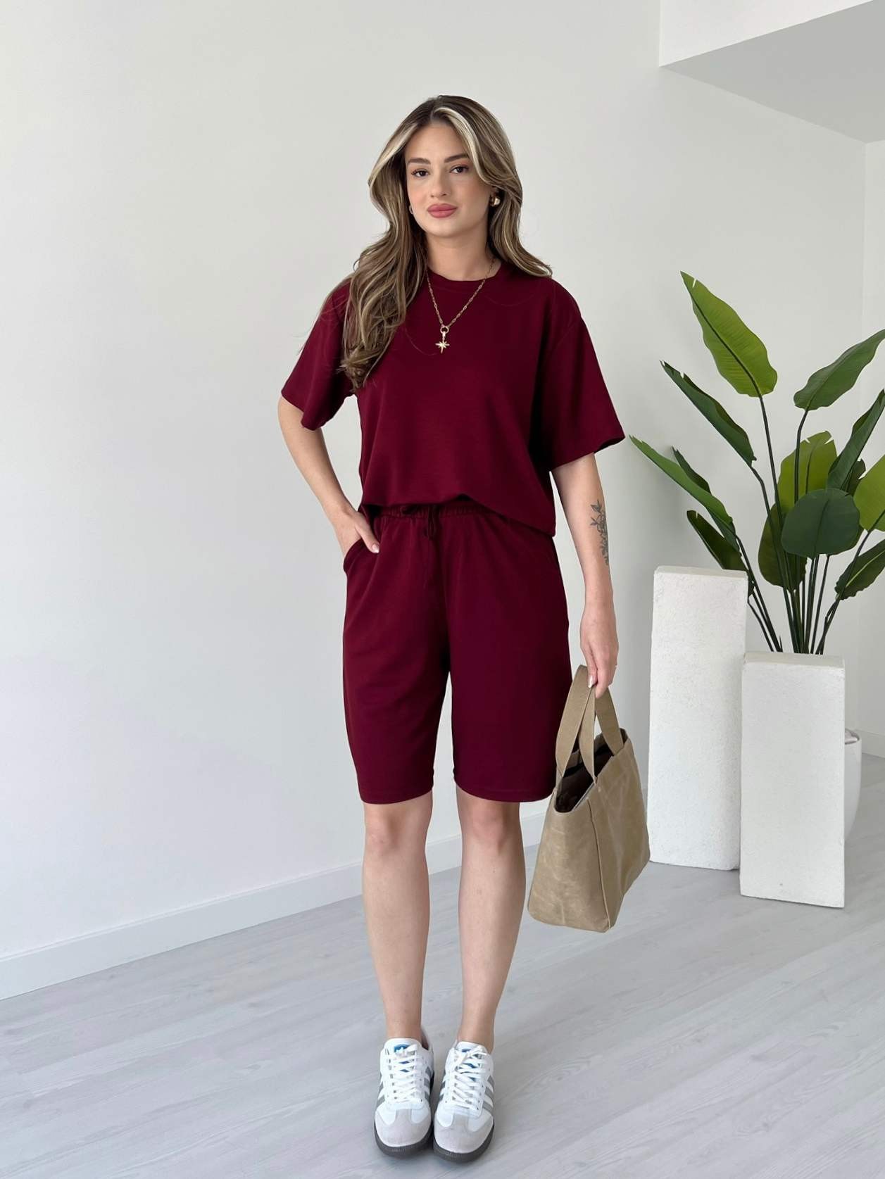 Modal Kumaş Şortlu Takım - Bordo