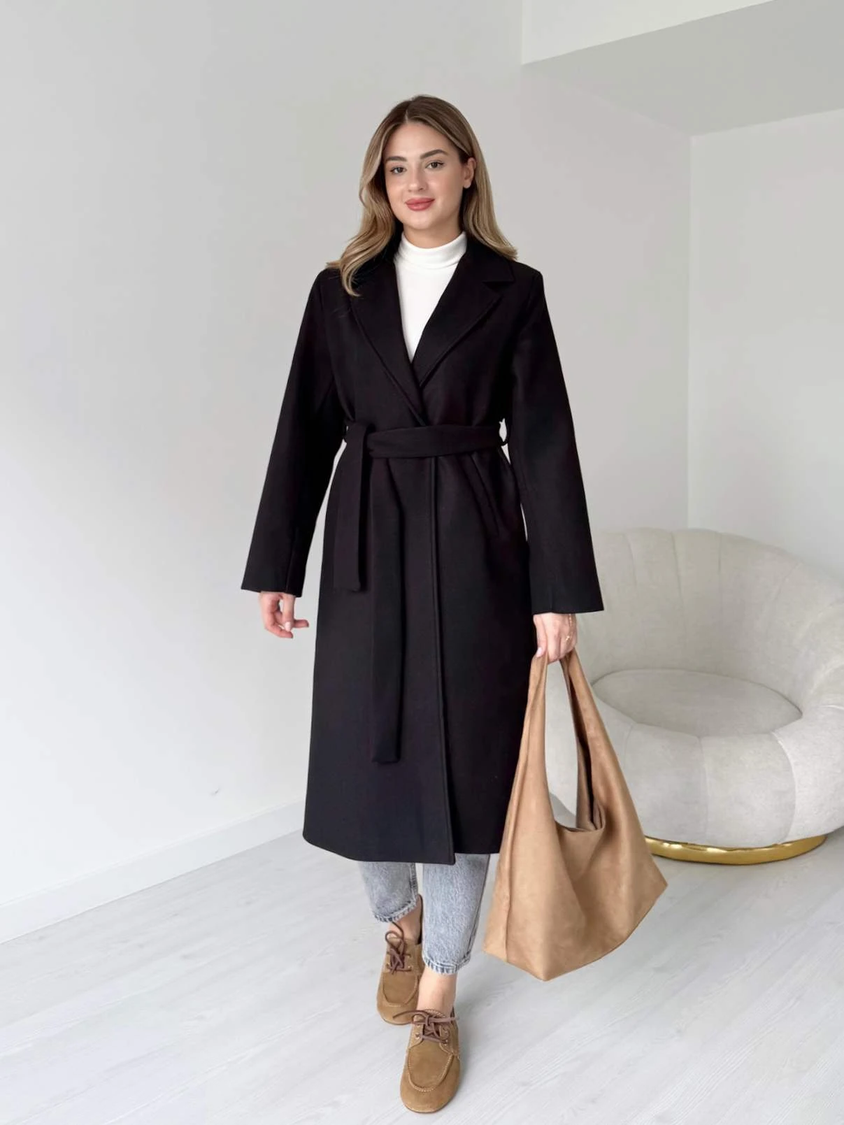 Kuşaklı Uzun Premium Kaşe Kaban - Siyah