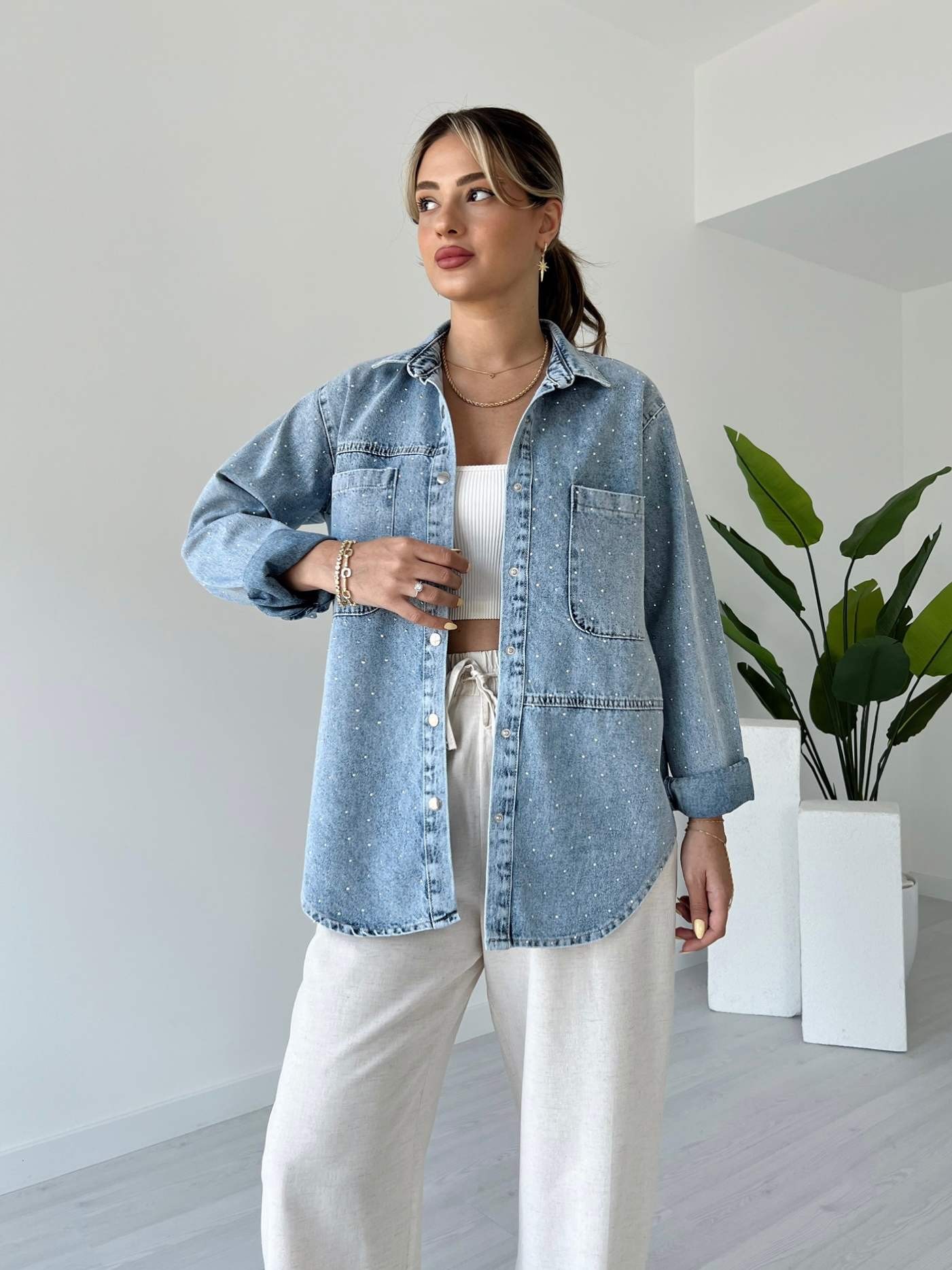 Serpme Taşlı Denim Gömlek