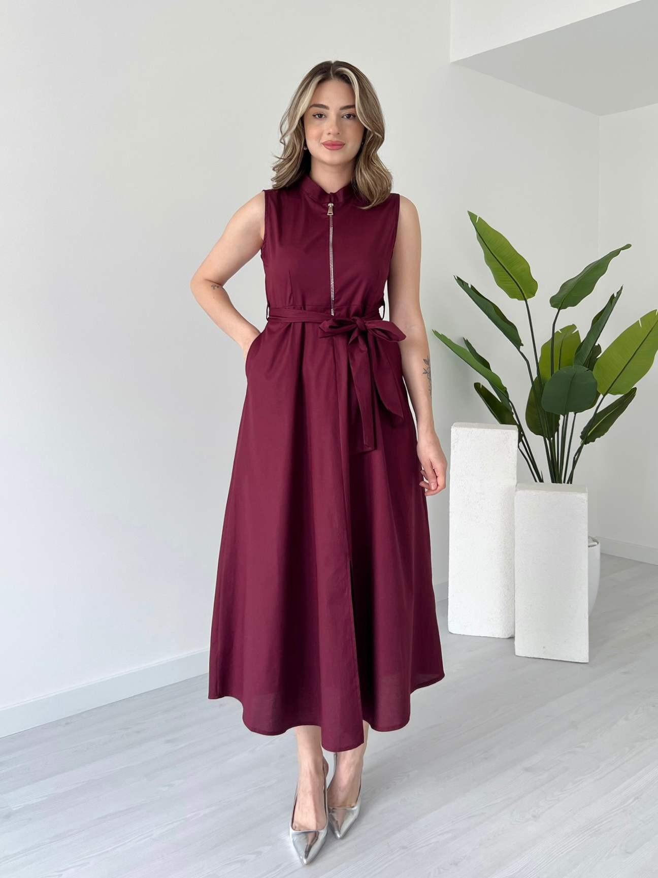 Fermuarlı Midi Boy Poplin Elbise - Bordo
