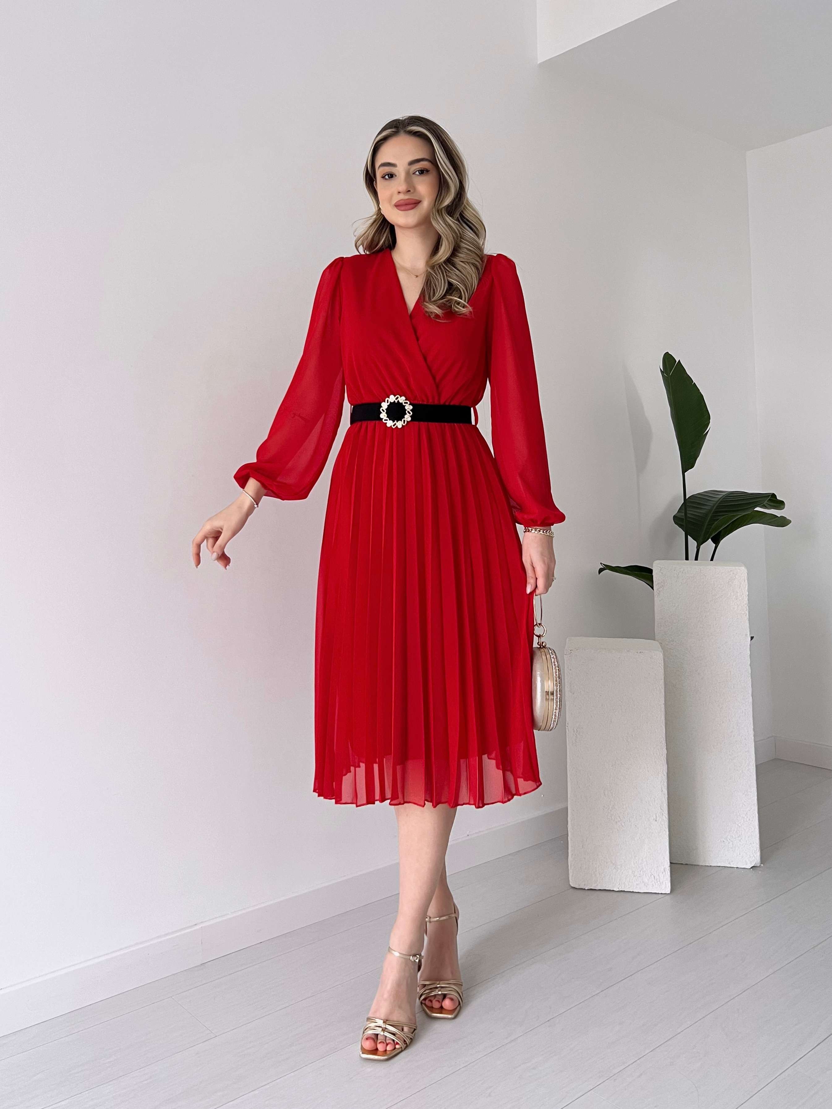 JUSTIN Pileli Şifon Elbise - Kırmızı