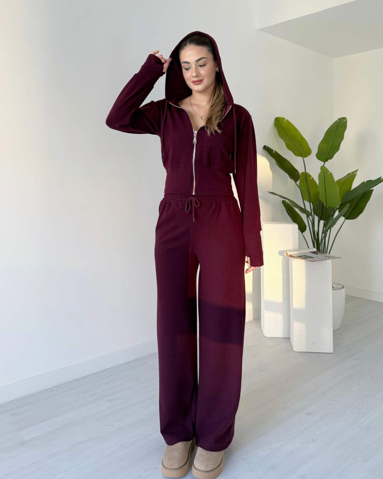 Selanik Kumaş Parmak Geçmeli İkili Takım - Bordo