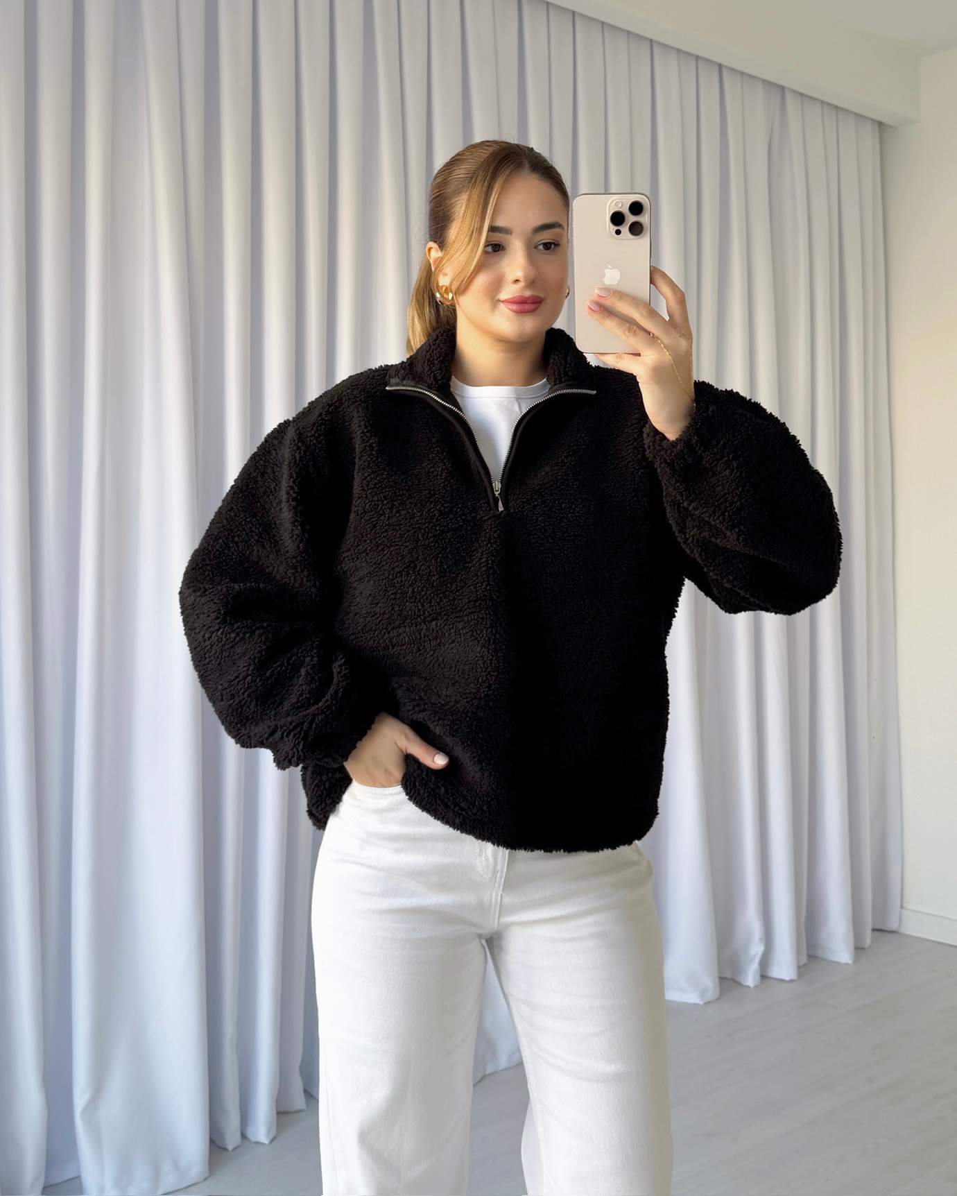 Yaka Fermuarlı Peluş Sweatshirt