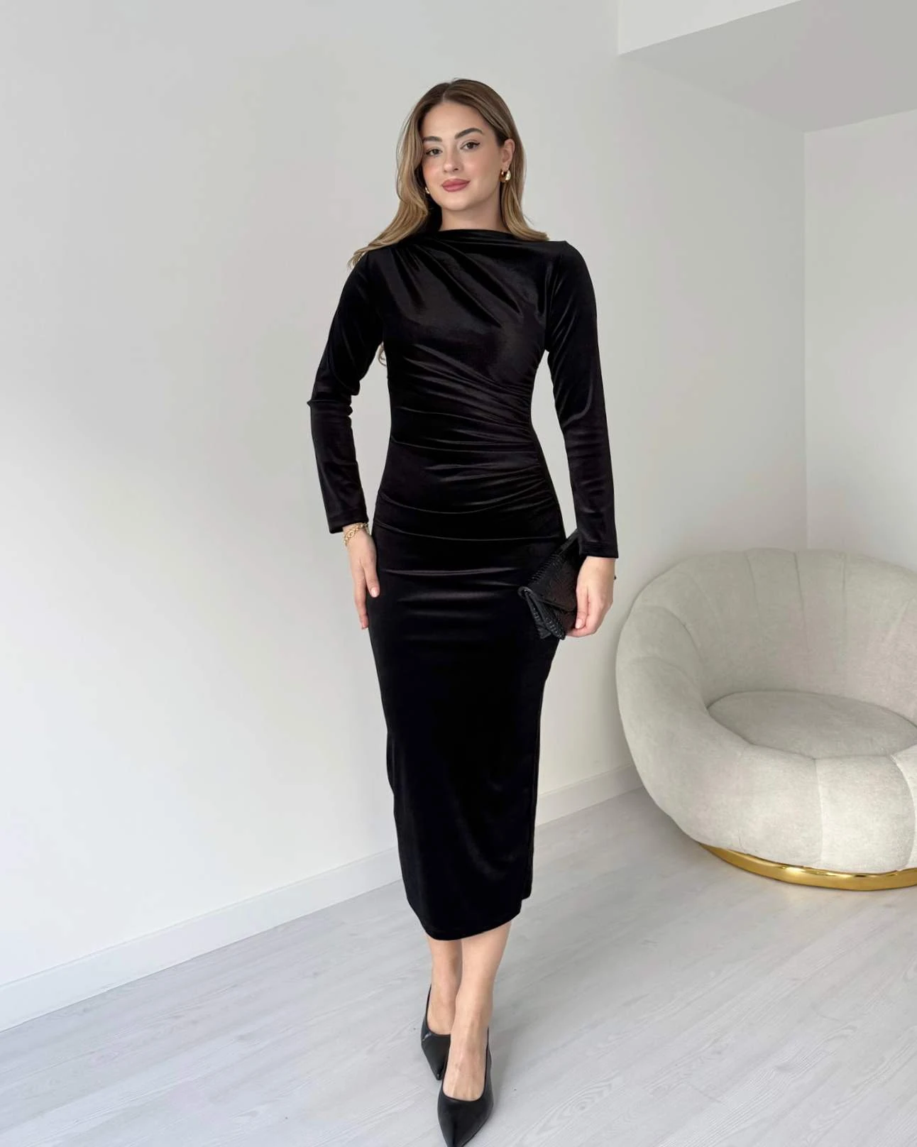 Drapeli Kadife Elbise