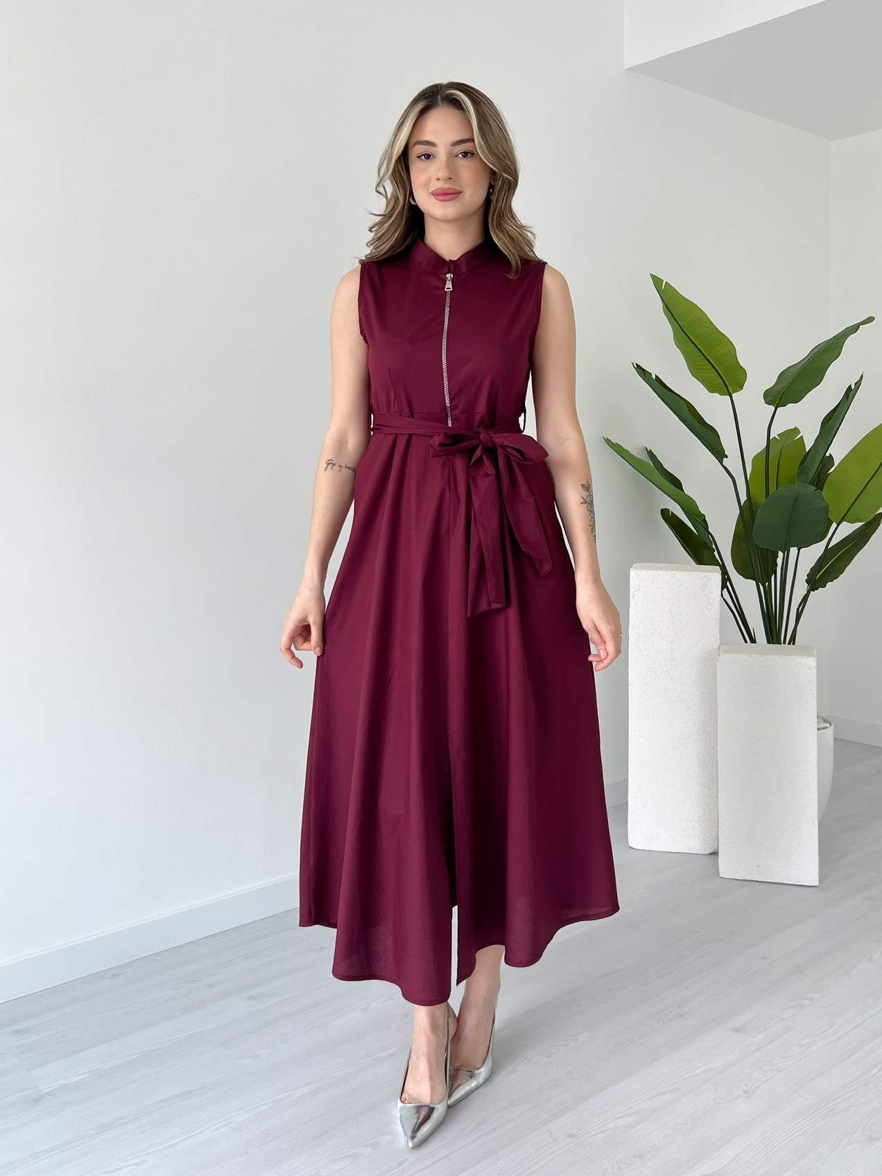Fermuarlı Midi Boy Poplin Elbise - Bordo
