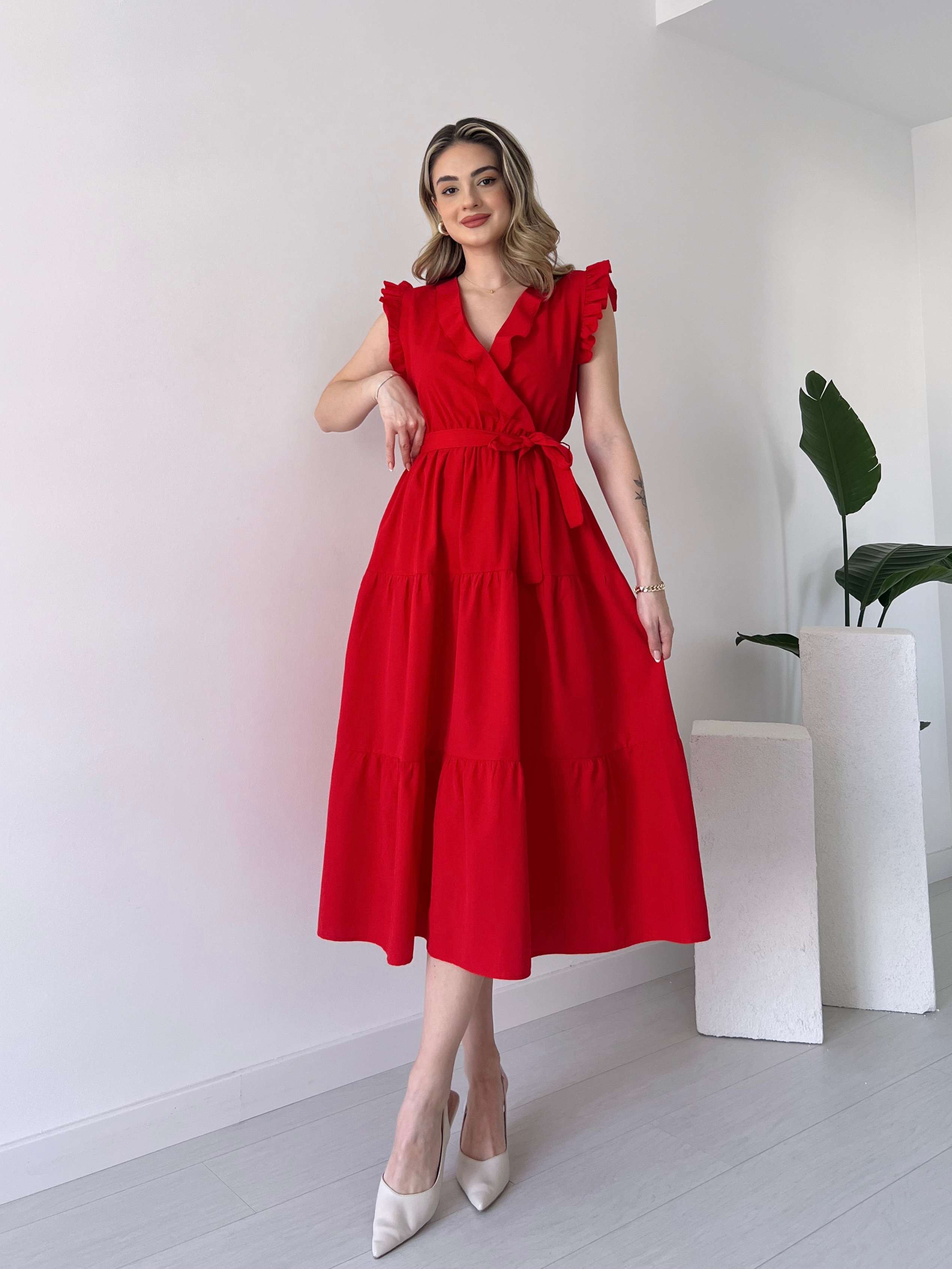 Omuz Detaylı CLARA Poplin Elbise - Kırmızı