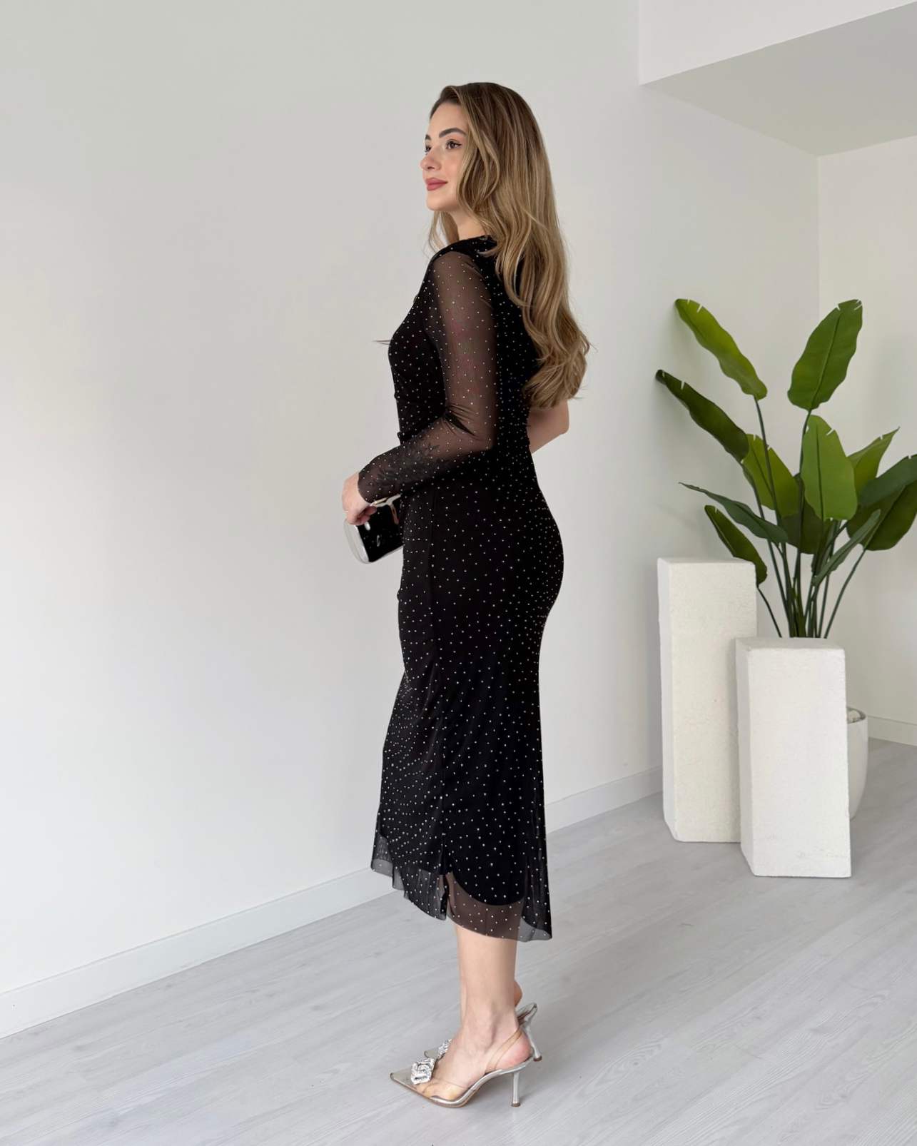 Tek Omuz Taş Süslemeli Tül Elbise