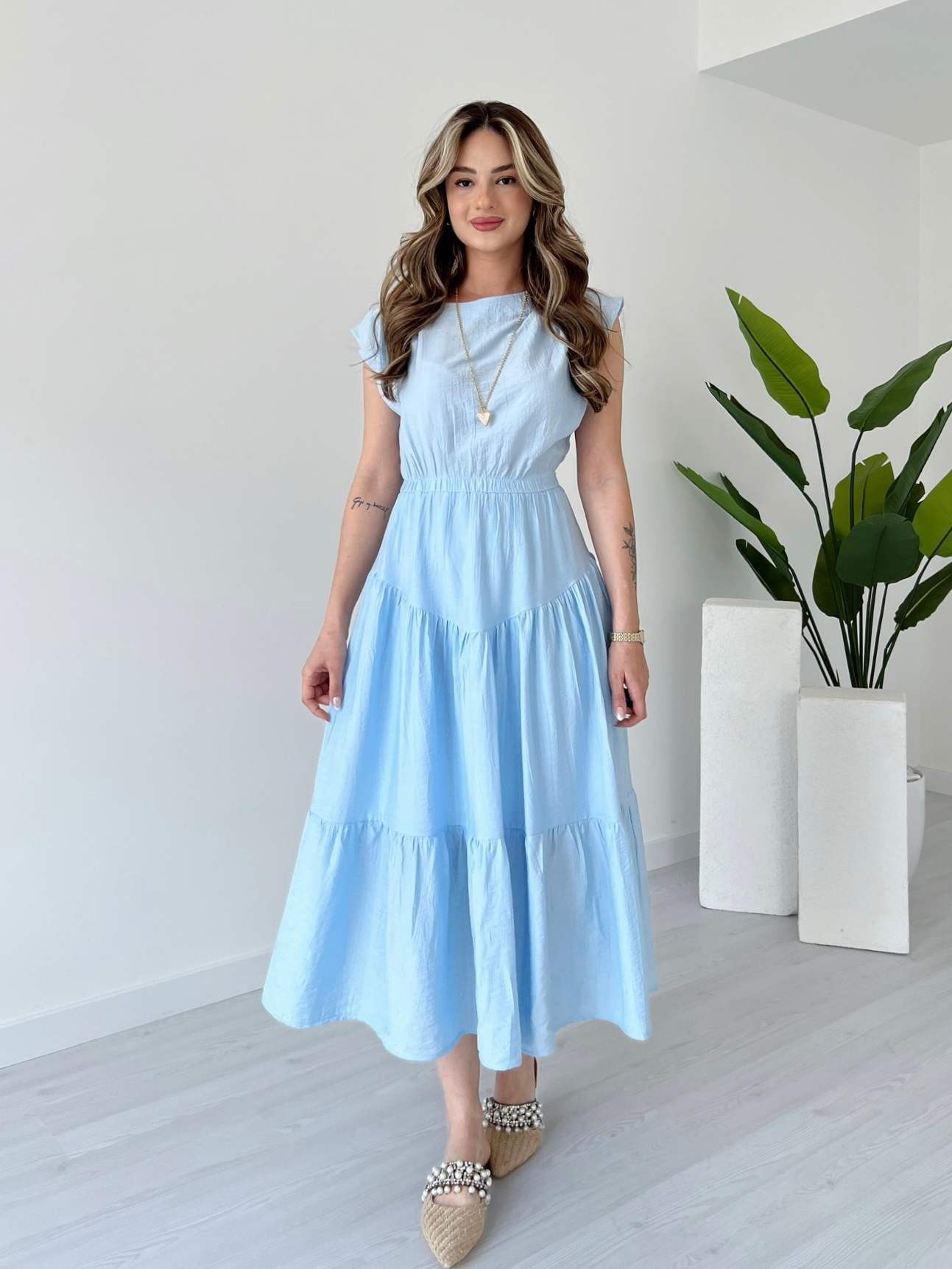 Beli Lastikli Midi Boy BORRİS Elbise - Bebe Mavi