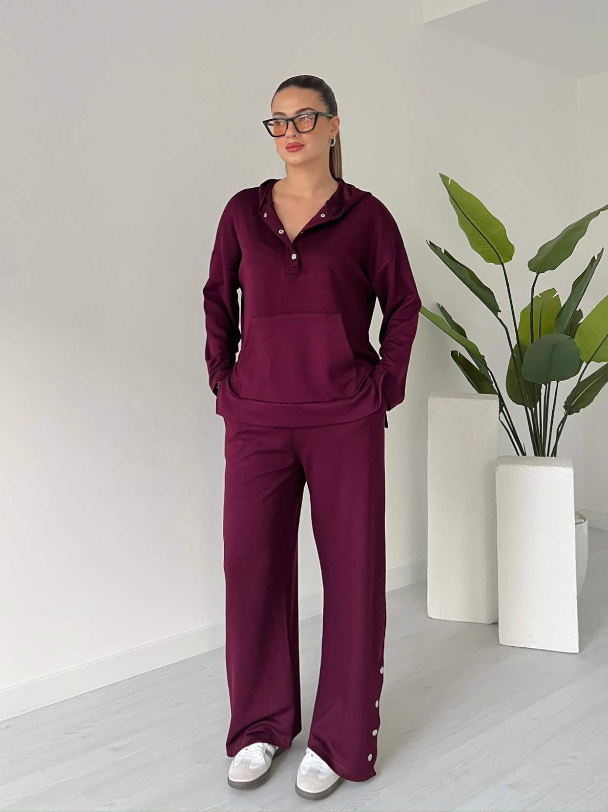 Kanguru Cep Çıtçıtlı Eşofman Takımı - Bordo