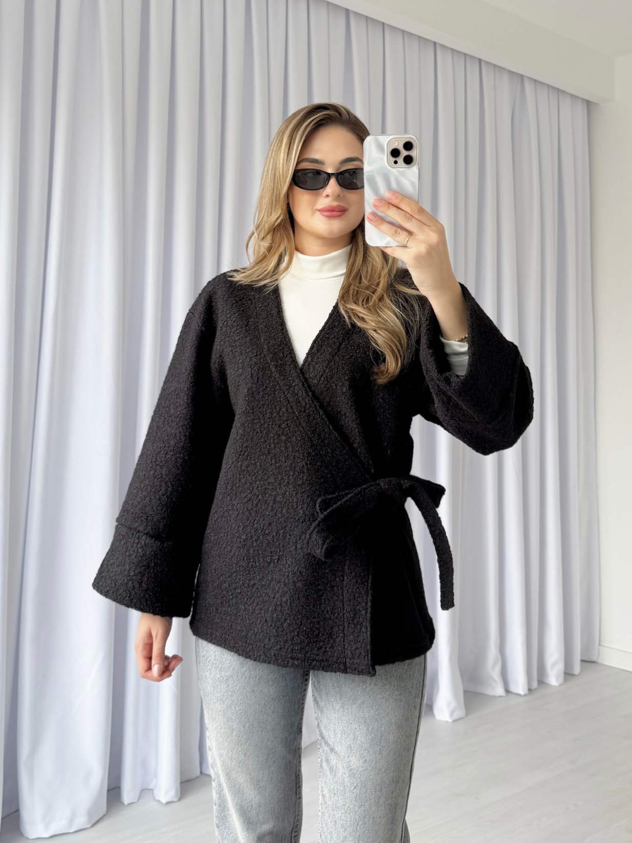 Yandan Bağlamalı Buklet Ceket - Siyah